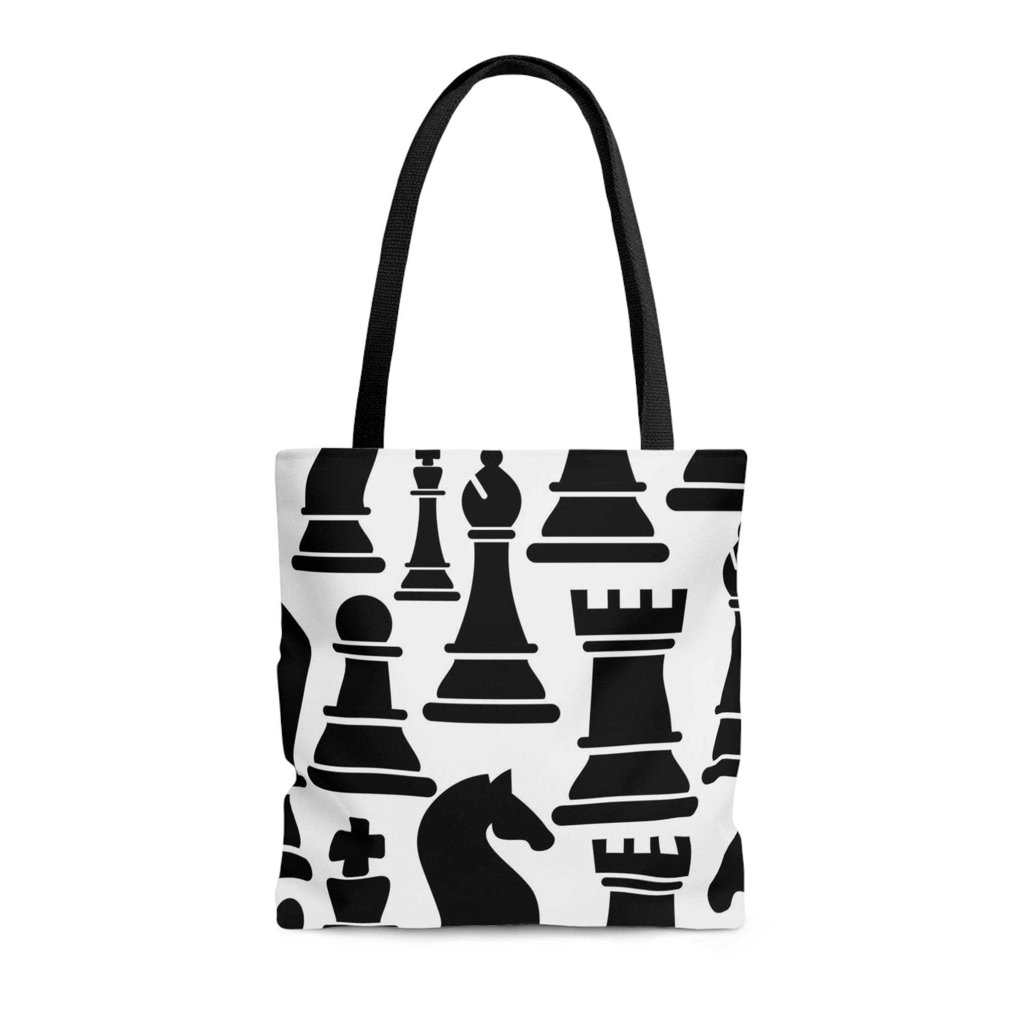 Stylish black and white canvas tote bag featuring a chess print design, perfect for casual outings and events.