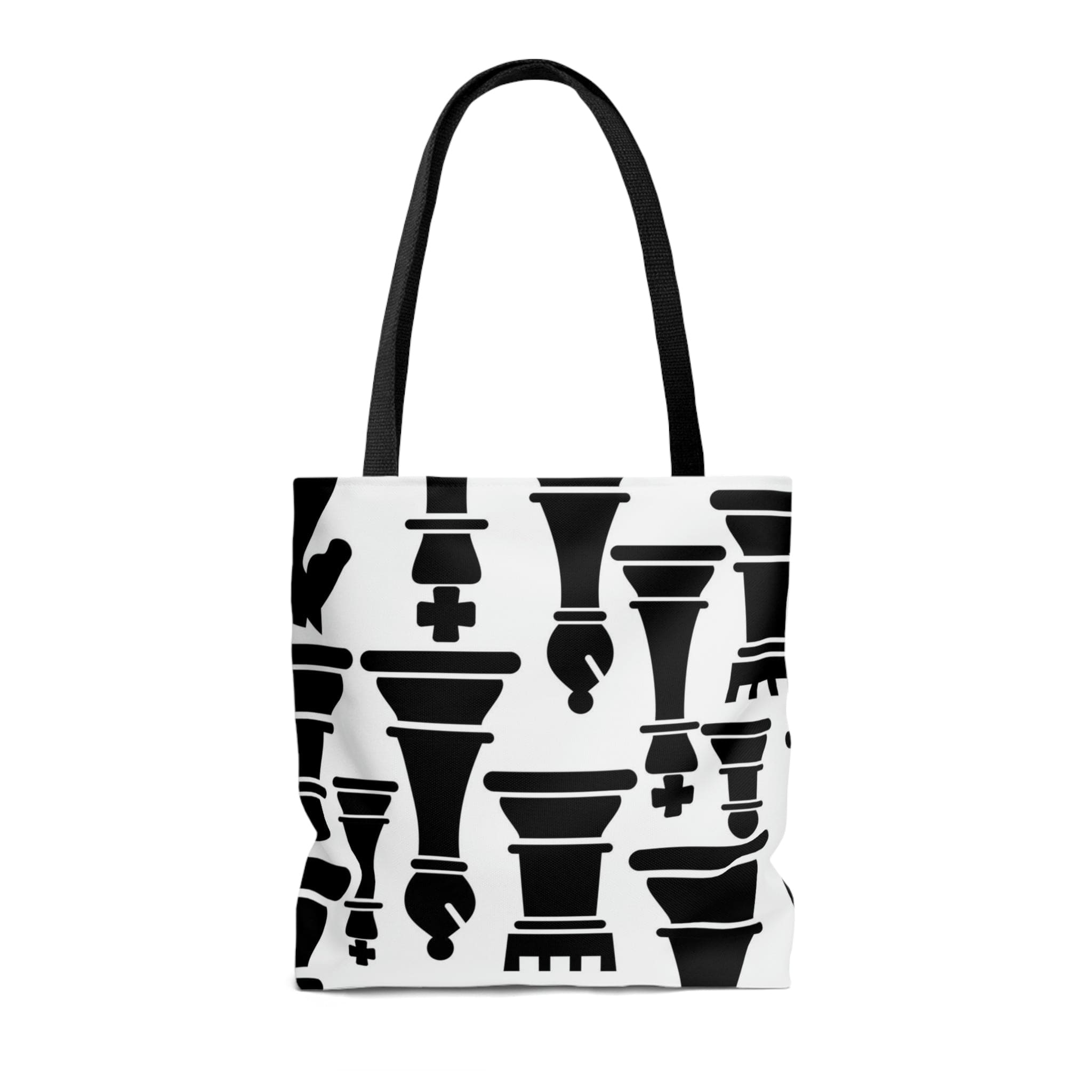 Stylish black and white canvas tote bag featuring a chess print design, perfect for casual outings and events.