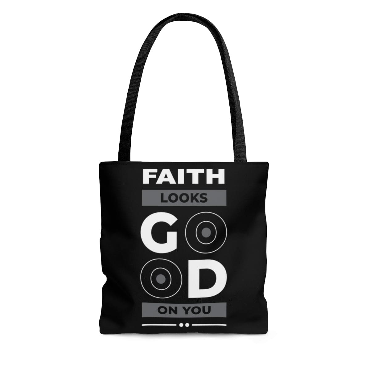 Stylish Canvas Tote Bag with 'Faith Looks Good on You' design, featuring black cotton handles and a chic appearance.