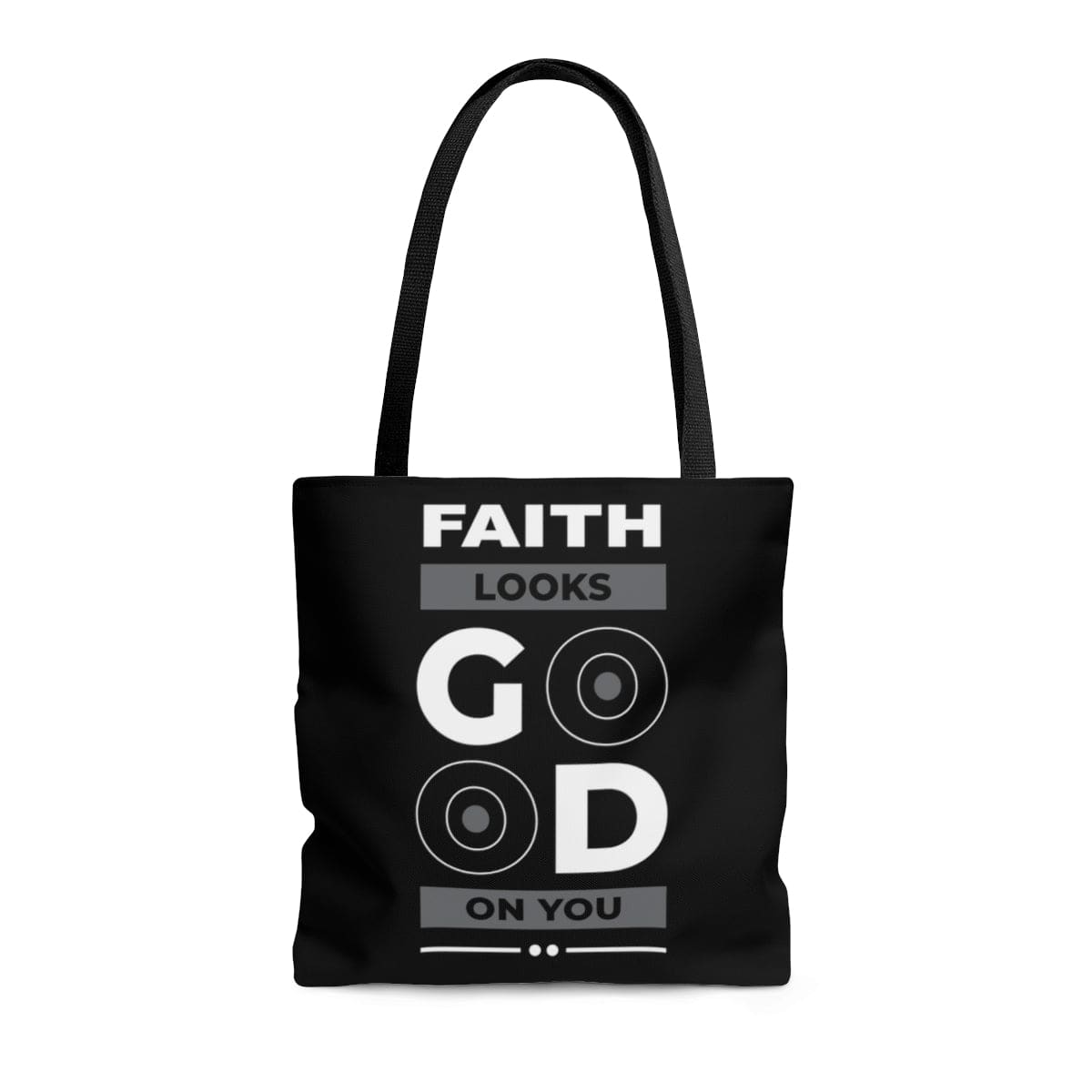 Stylish Canvas Tote Bag with 'Faith Looks Good on You' design, featuring black cotton handles and a chic appearance.