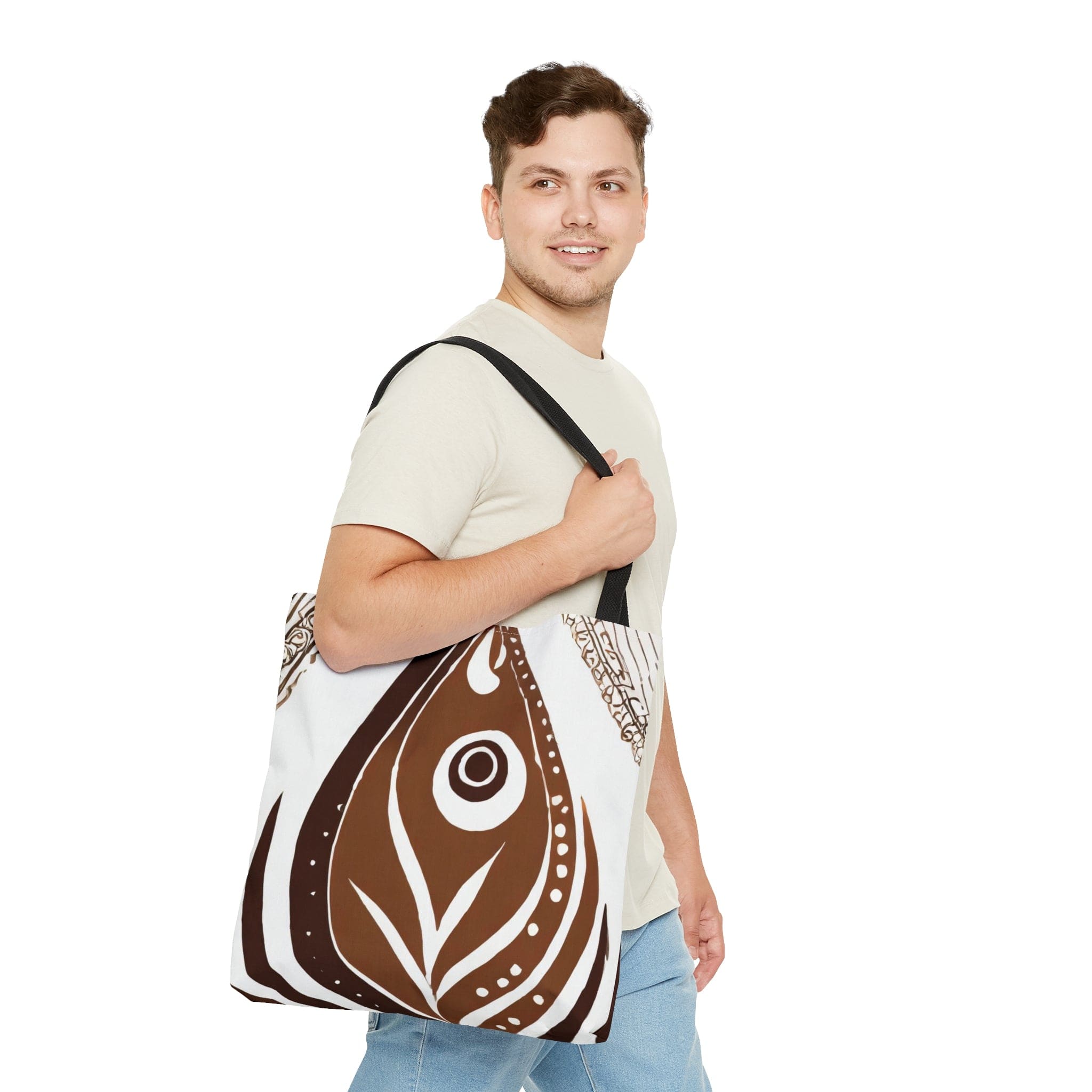 Floral brown line art print canvas tote bag with black cotton handles, showcasing a unique design for personal expression.