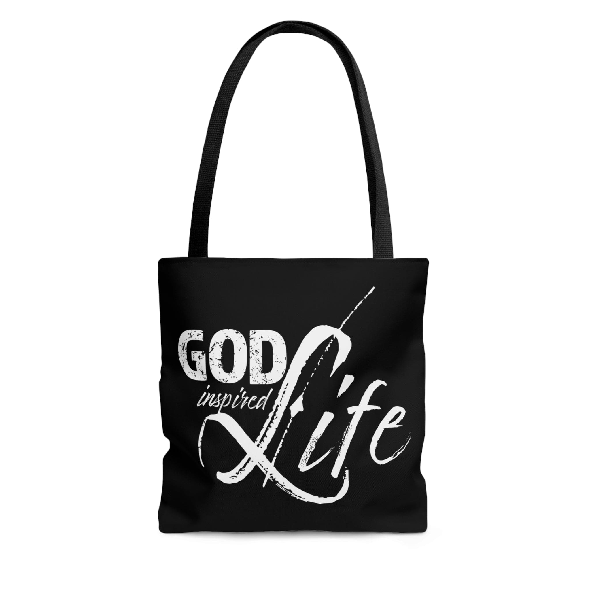 A stylish God Inspired Life Canvas Tote Bag featuring an inspirational quote, black cotton handles, and a chic design suitable for various occasions.