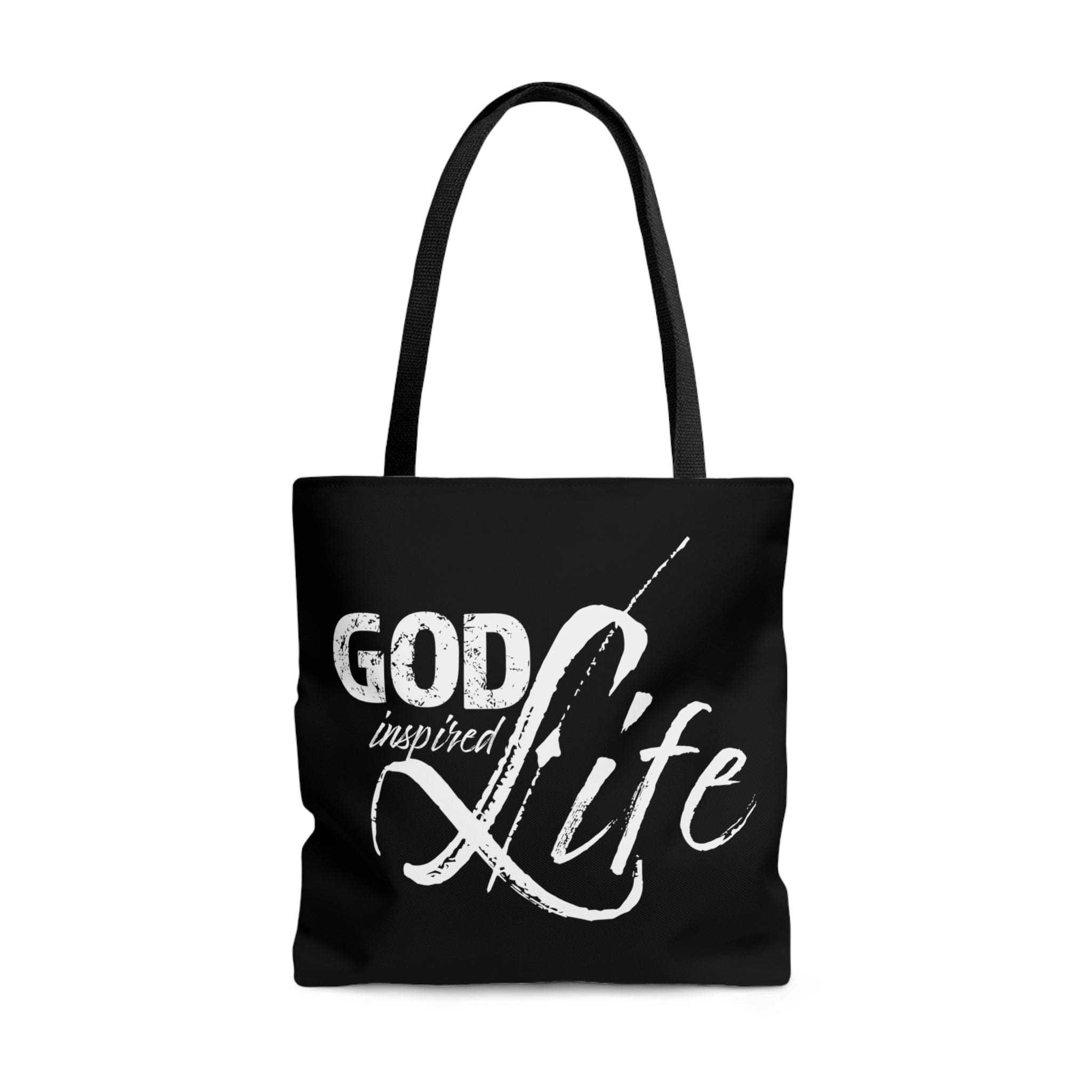 A stylish God Inspired Life Canvas Tote Bag featuring an inspirational quote, black cotton handles, and a chic design suitable for various occasions.