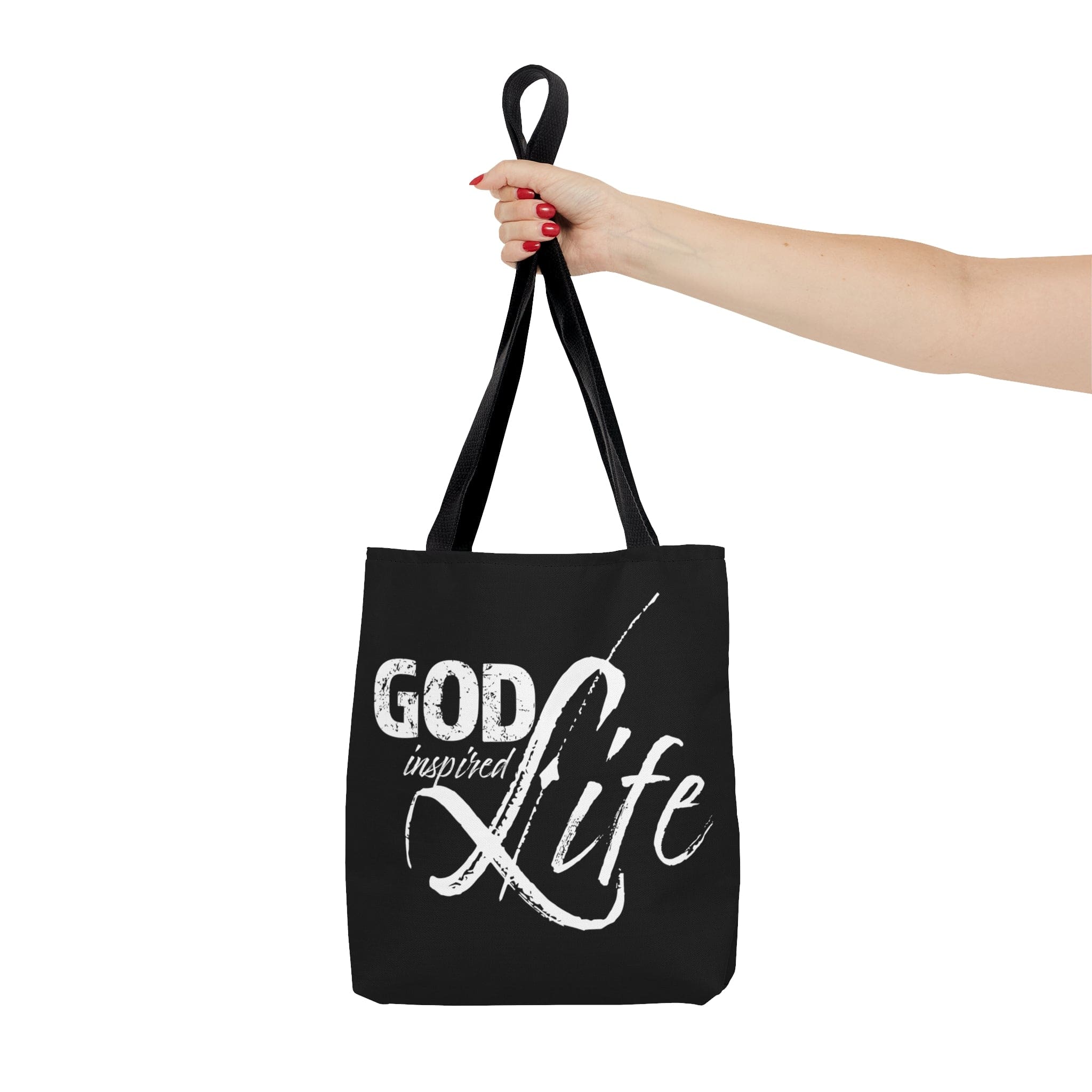 A stylish God Inspired Life Canvas Tote Bag featuring an inspirational quote, black cotton handles, and a chic design suitable for various occasions.