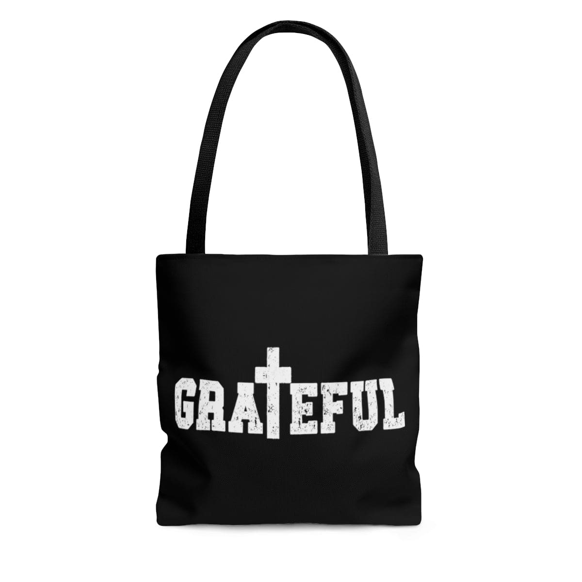 A stylish Canvas Tote Bag featuring Grateful Christian Inspiration affirmation, with black cotton handles and a chic design.