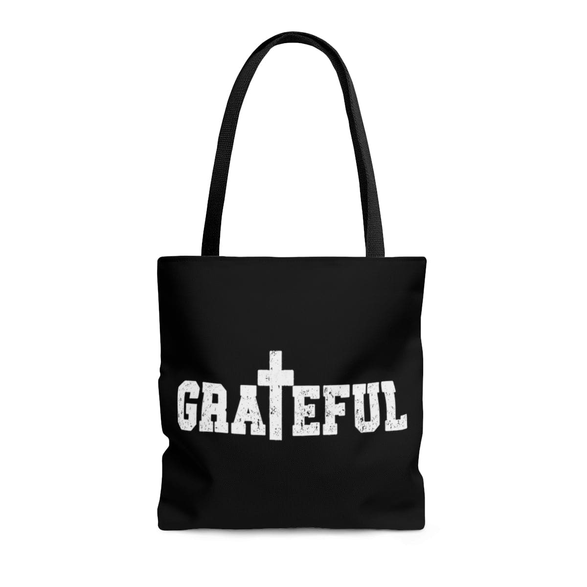 A stylish Canvas Tote Bag featuring Grateful Christian Inspiration affirmation, with black cotton handles and a chic design.