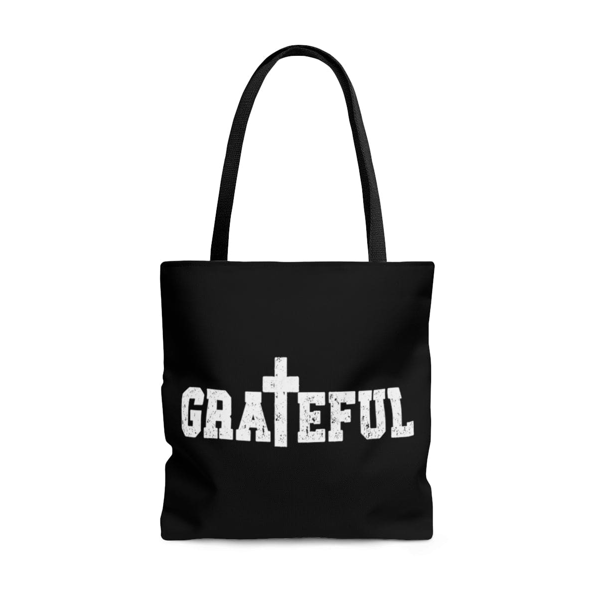 A stylish Canvas Tote Bag featuring Grateful Christian Inspiration affirmation, with black cotton handles and a chic design.