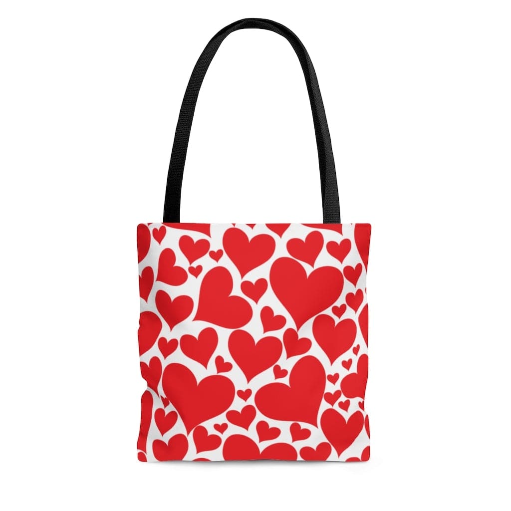 Love Red Hearts Canvas Tote Bag with black cotton handles and boxed corners, perfect for beach outings and daily use.