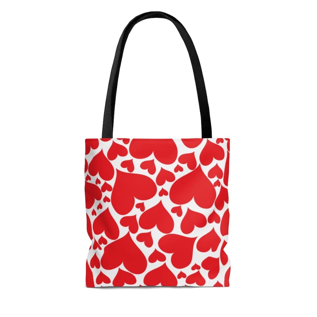 Love Red Hearts Canvas Tote Bag with black cotton handles and boxed corners, perfect for beach outings and daily use.