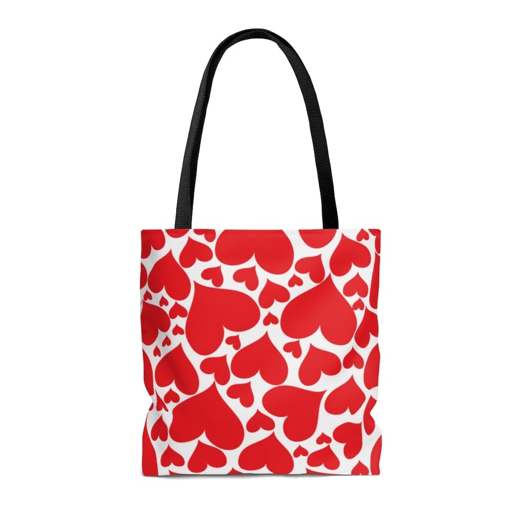 Love Red Hearts Canvas Tote Bag with black cotton handles and boxed corners, perfect for beach outings and daily use.