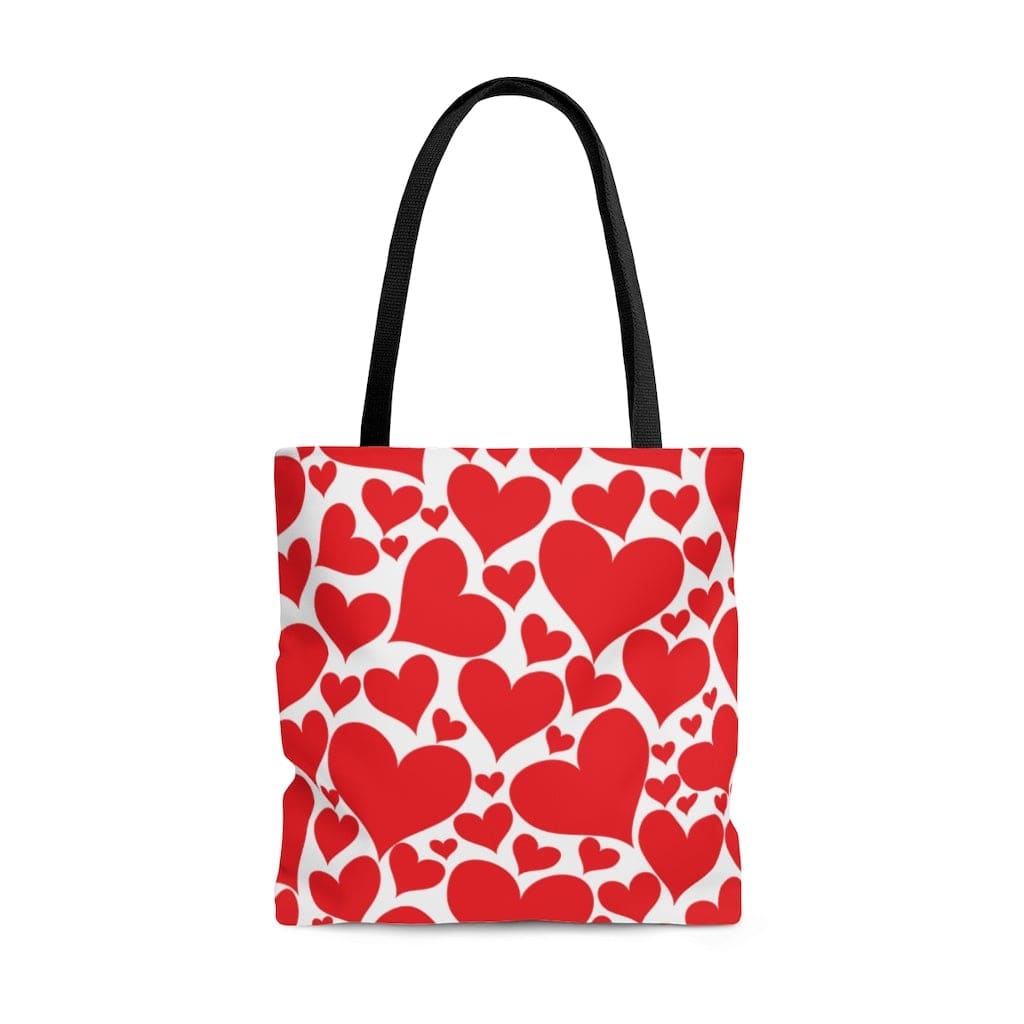 Love Red Hearts Canvas Tote Bag with black cotton handles and boxed corners, perfect for beach outings and daily use.