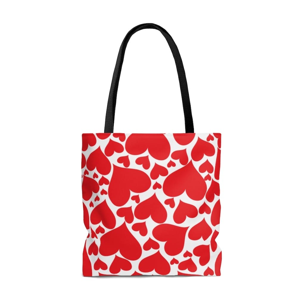 Love Red Hearts Canvas Tote Bag with black cotton handles and boxed corners, perfect for beach outings and daily use.