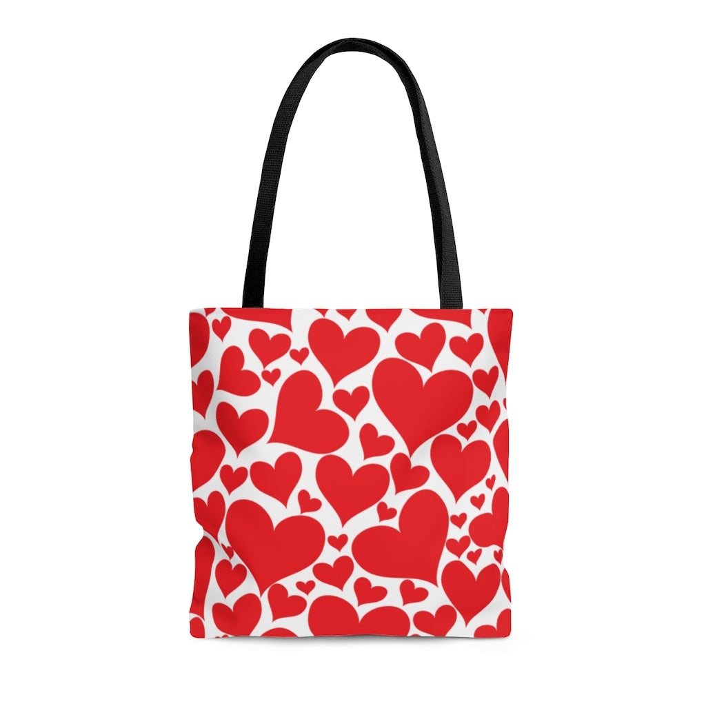 Love Red Hearts Canvas Tote Bag with black cotton handles and boxed corners, perfect for beach outings and daily use.