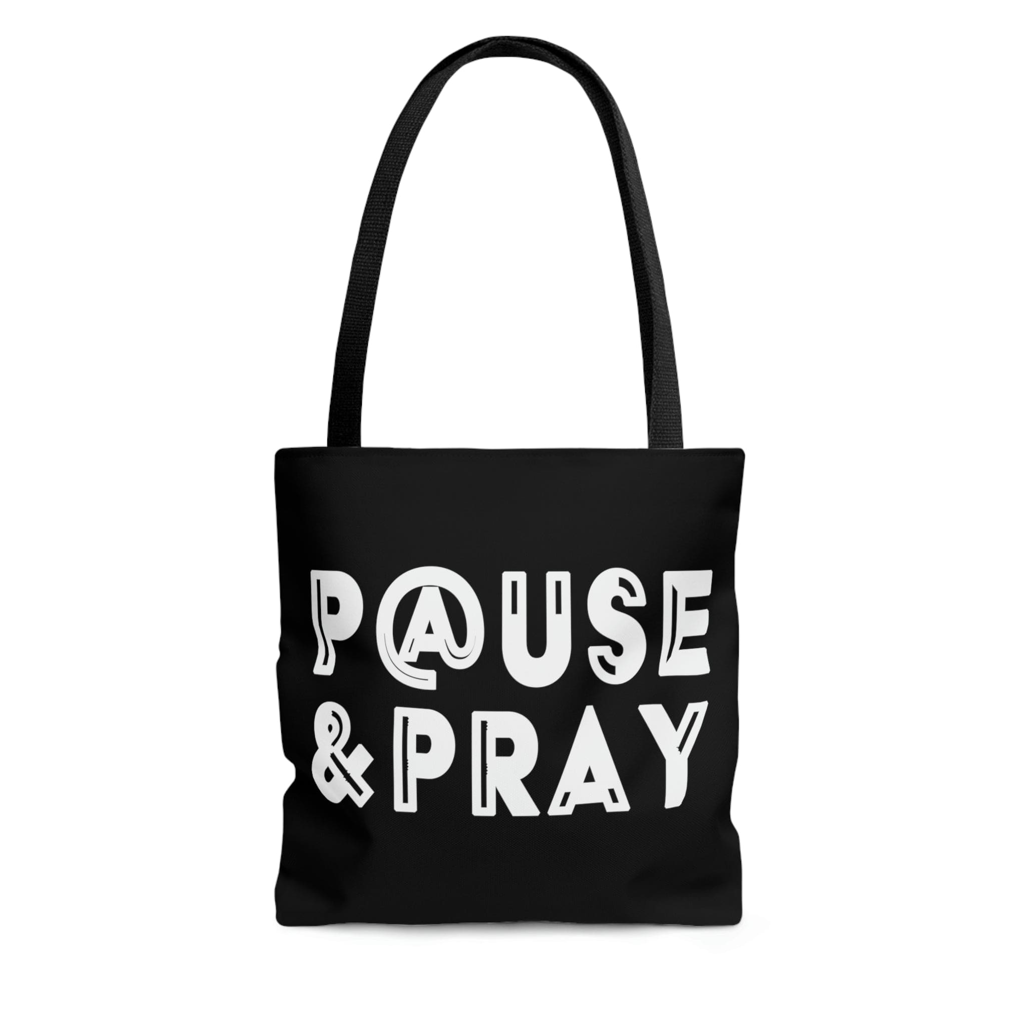 Canvas Tote Bag featuring 'Pause and Pray' Christian inspiration, with black cotton handles and boxed corners.