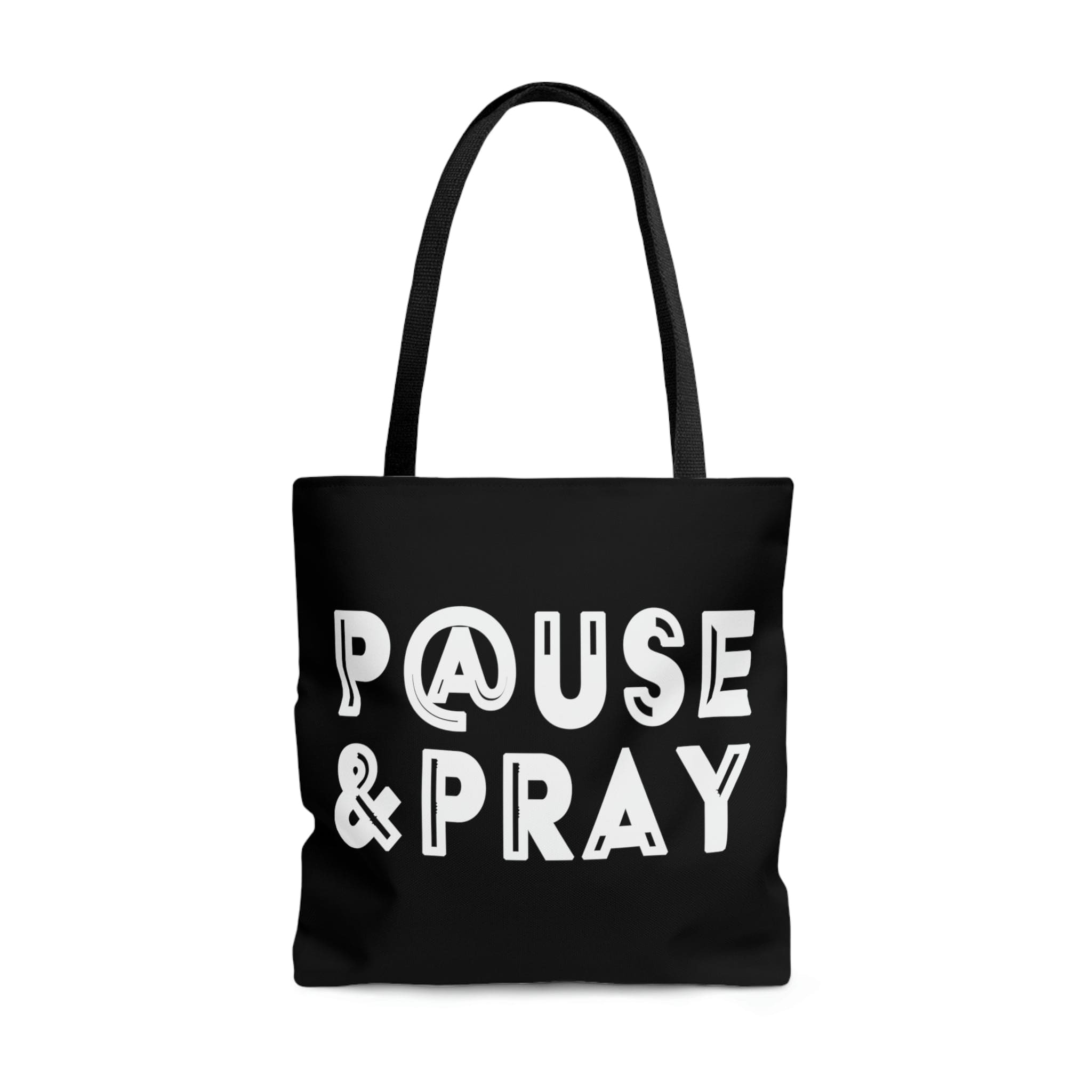 Canvas Tote Bag featuring 'Pause and Pray' Christian inspiration, with black cotton handles and boxed corners.