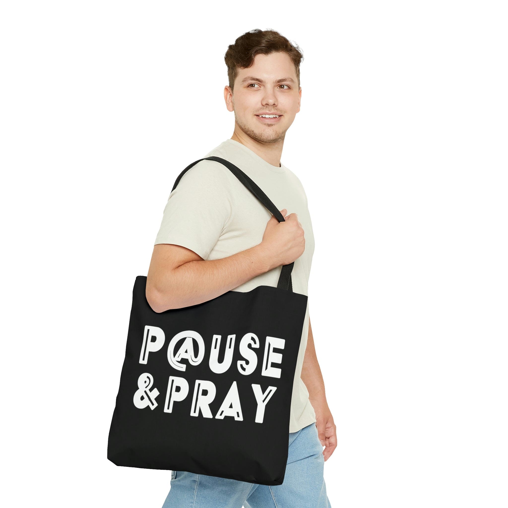 Canvas Tote Bag featuring 'Pause and Pray' Christian inspiration, with black cotton handles and boxed corners.