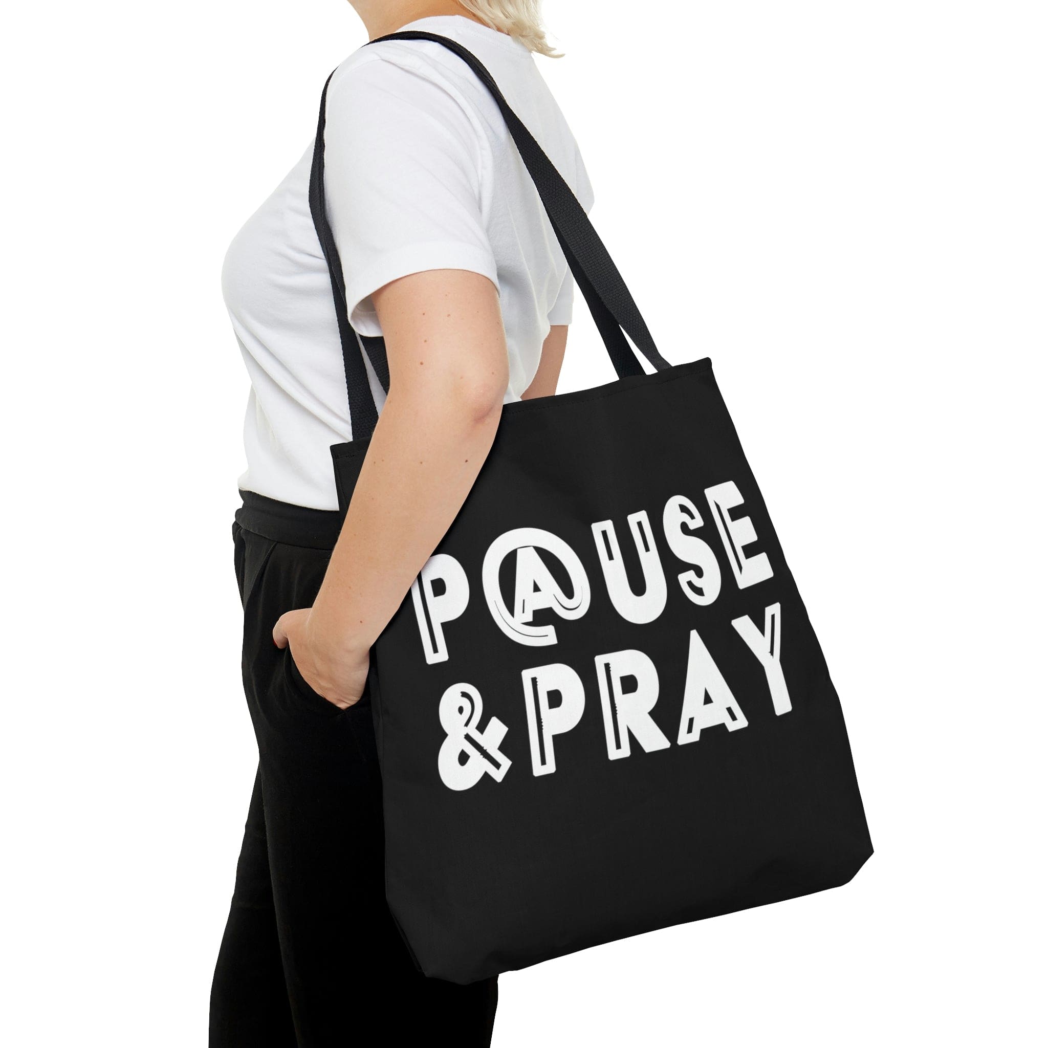 Canvas Tote Bag featuring 'Pause and Pray' Christian inspiration, with black cotton handles and boxed corners.