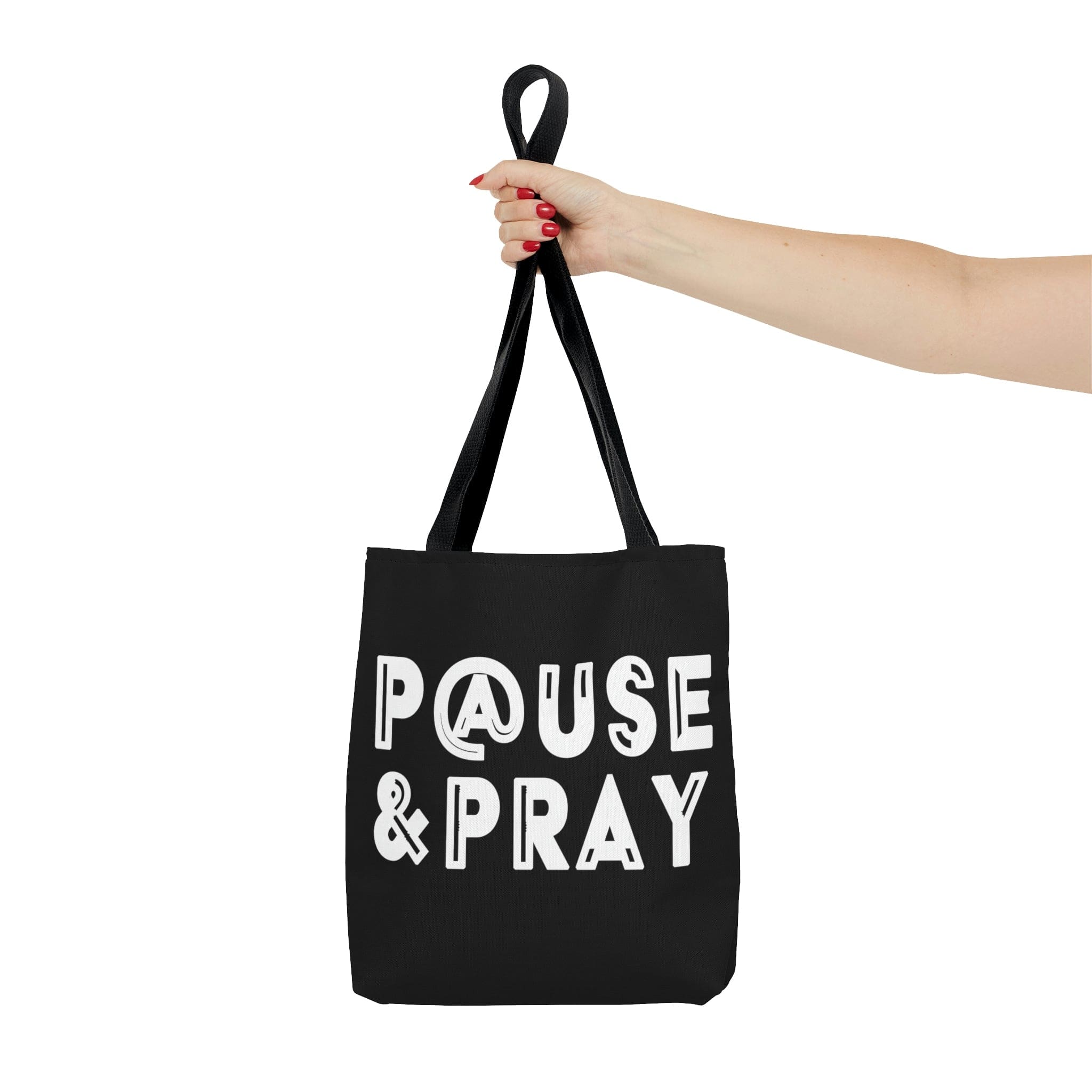 Canvas Tote Bag featuring 'Pause and Pray' Christian inspiration, with black cotton handles and boxed corners.