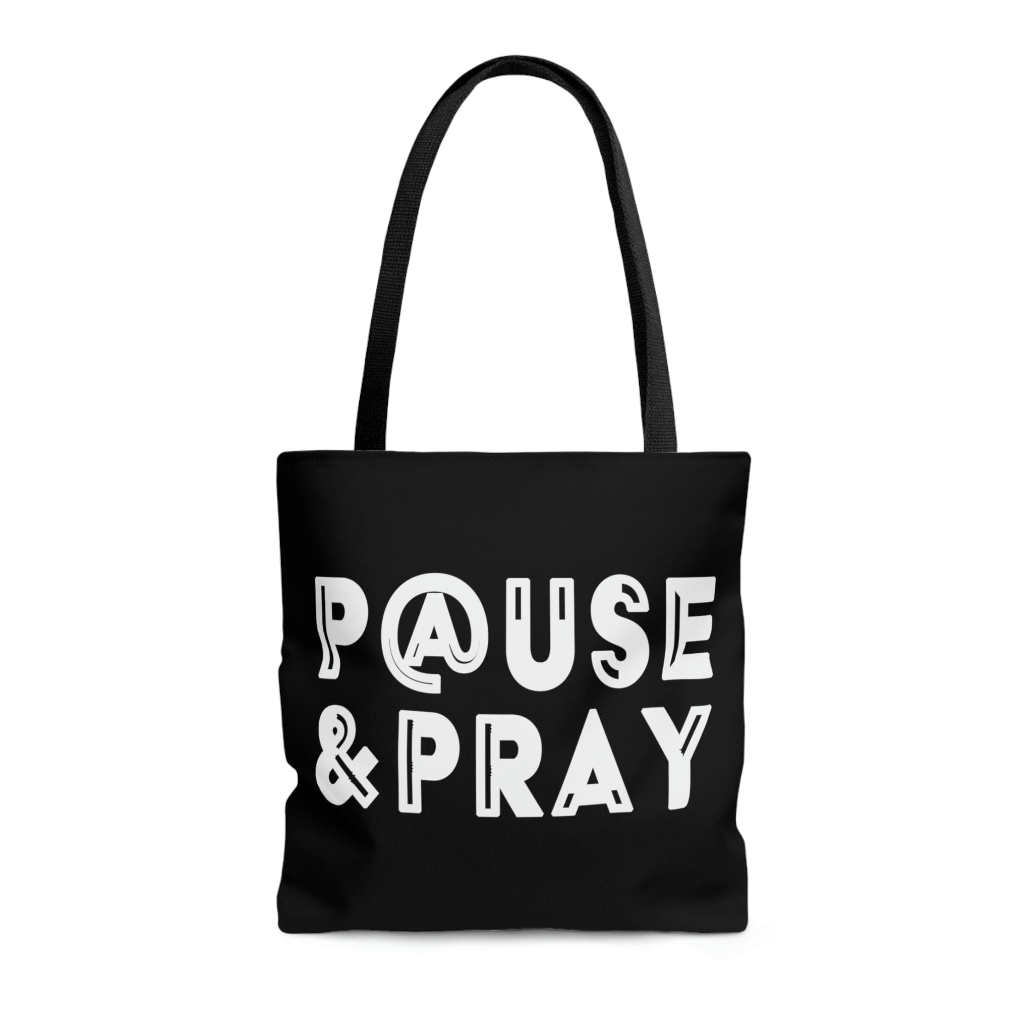 Canvas Tote Bag featuring 'Pause and Pray' Christian inspiration, with black cotton handles and boxed corners.