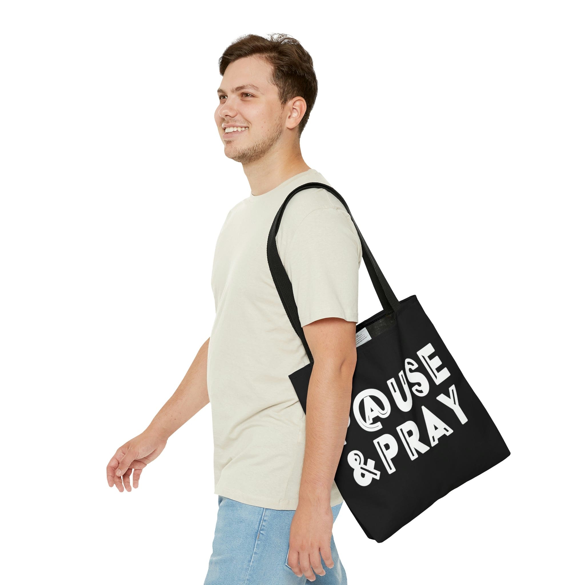 Canvas Tote Bag featuring 'Pause and Pray' Christian inspiration, with black cotton handles and boxed corners.