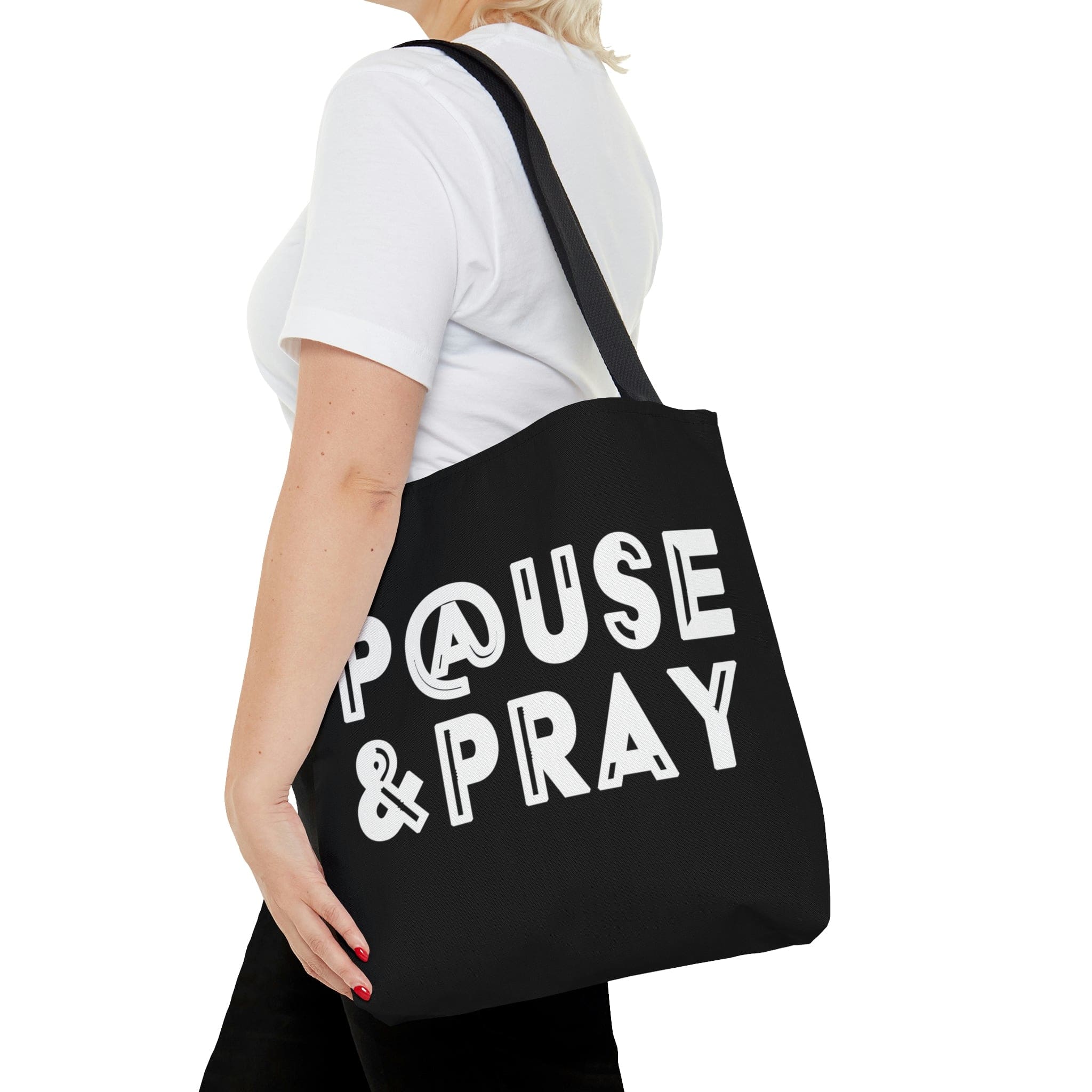 Canvas Tote Bag featuring 'Pause and Pray' Christian inspiration, with black cotton handles and boxed corners.