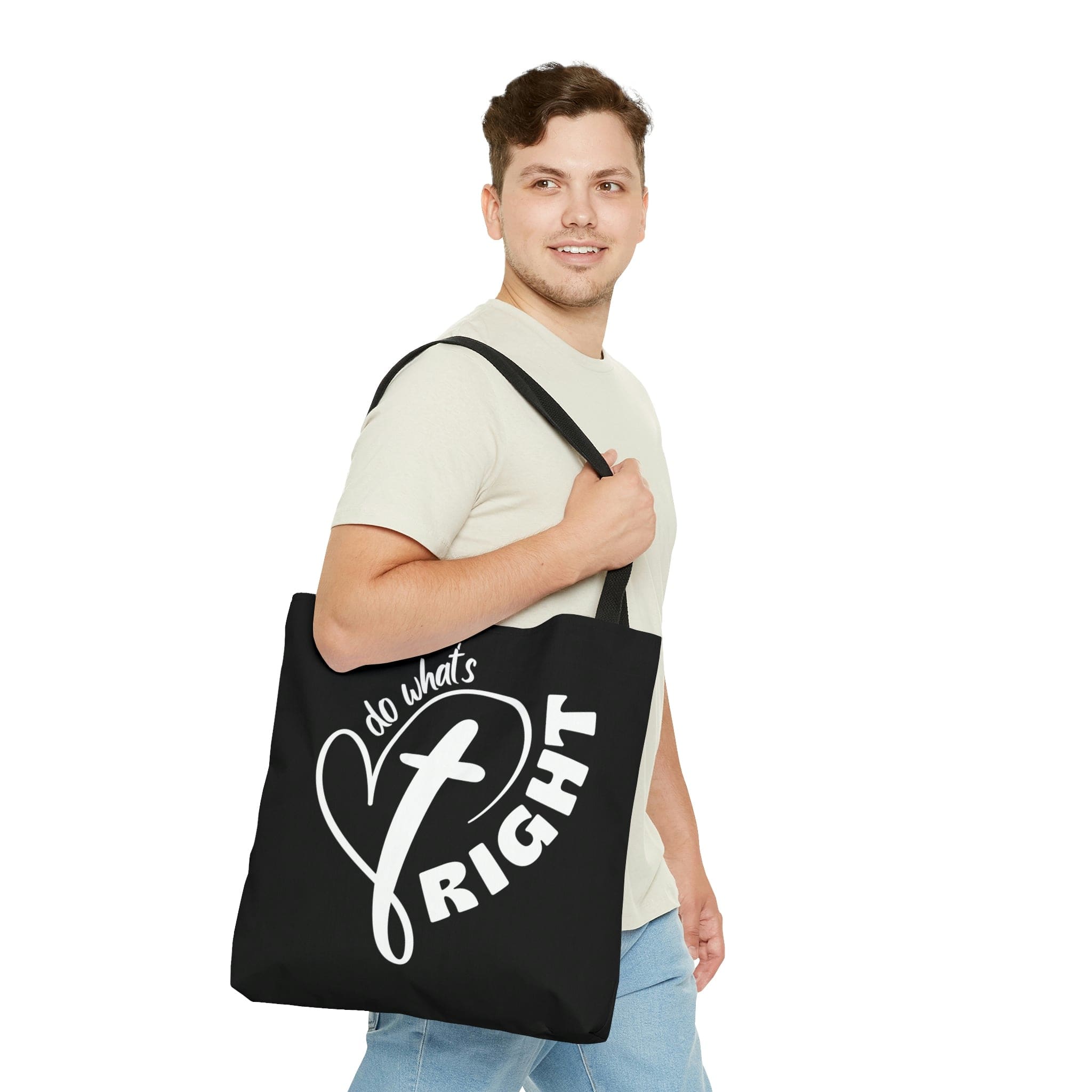 Stylish Canvas Tote Bag with black cotton handles and boxed corners, featuring a motivational design.