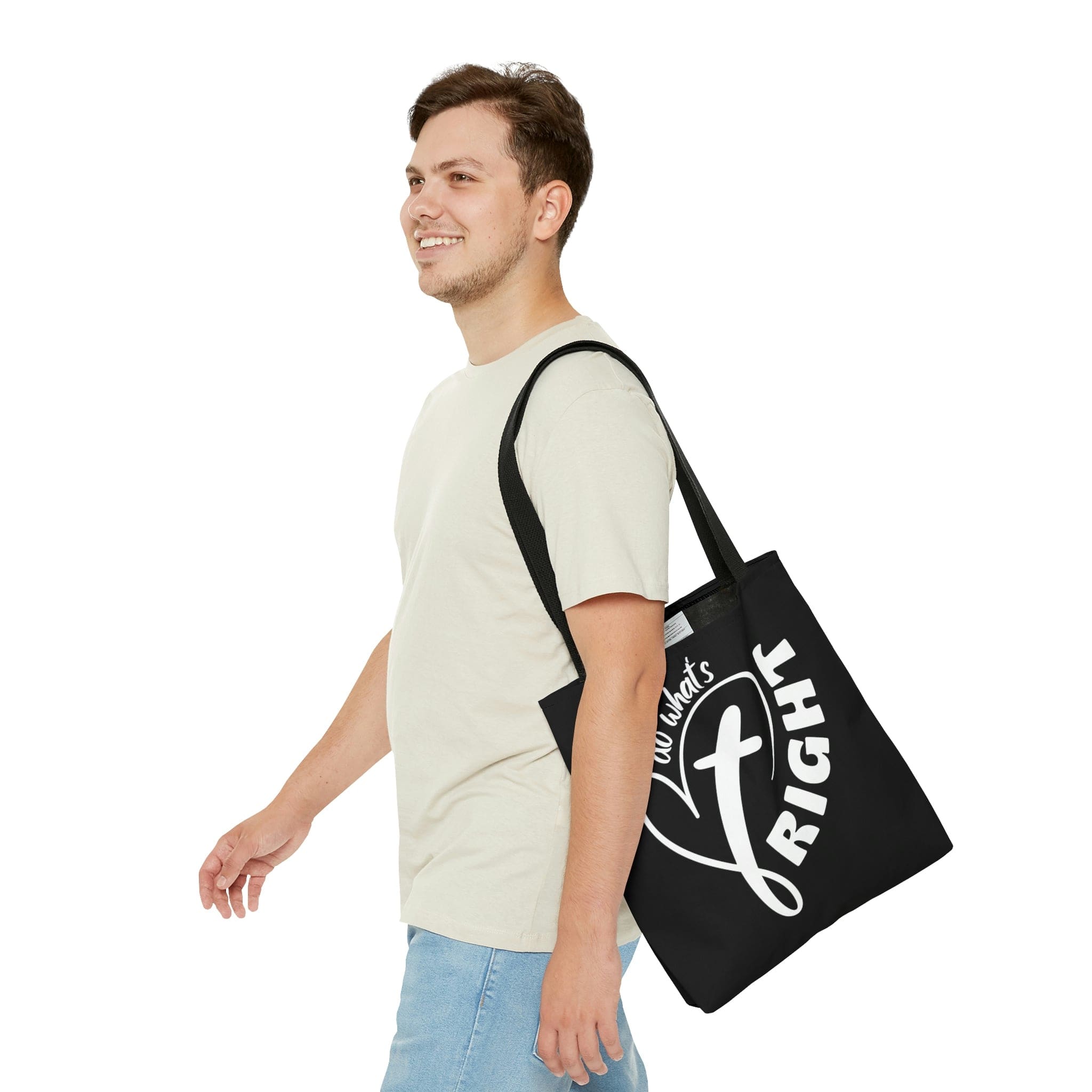 Stylish Canvas Tote Bag with black cotton handles and boxed corners, featuring a motivational design.