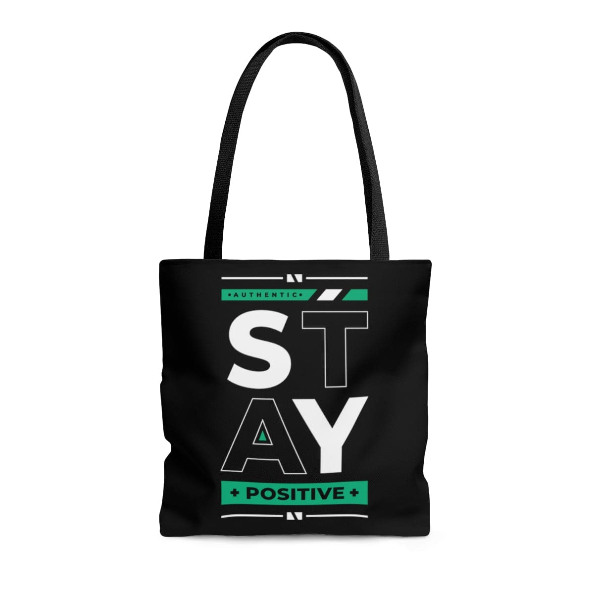 Stylish Canvas Tote Bag with black cotton handles and boxed corners, featuring a motivational 'Stay Positive' design.