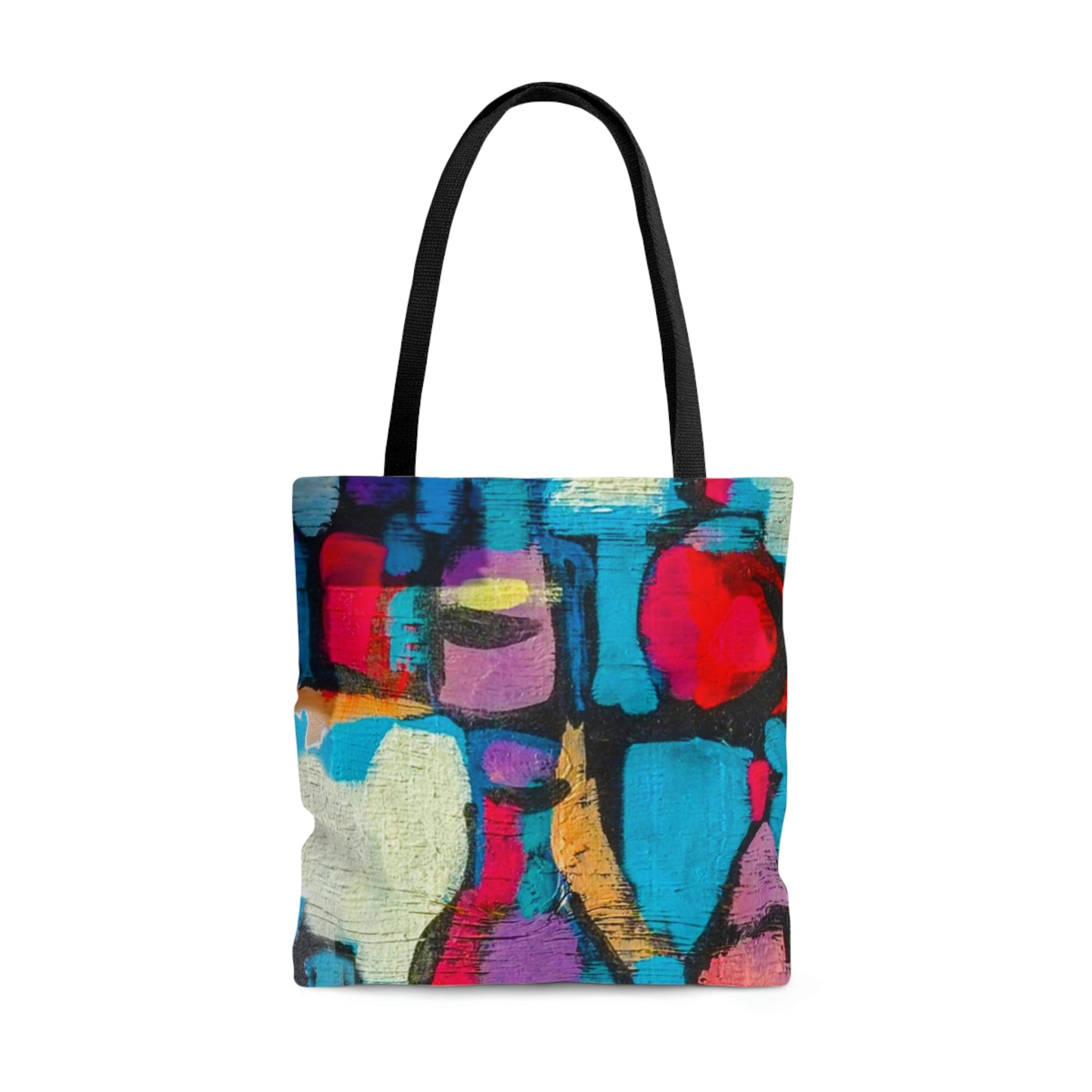 Colorful abstract print canvas tote bag with black handles and lining, perfect for stylish outings.