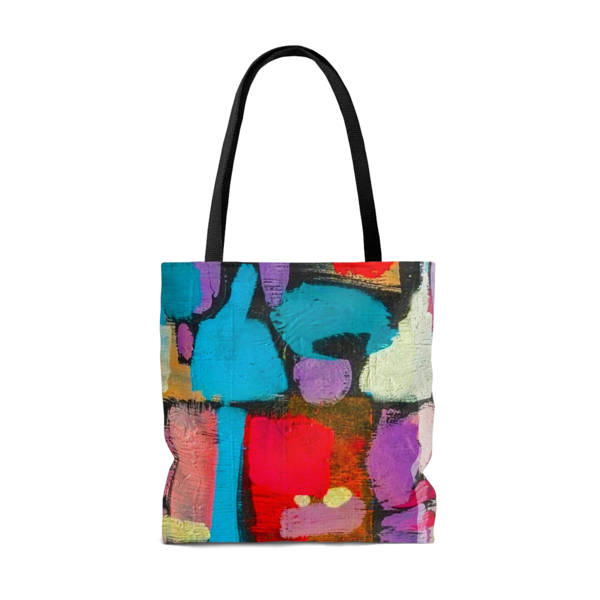 Colorful abstract print canvas tote bag with black handles and lining, perfect for stylish outings.