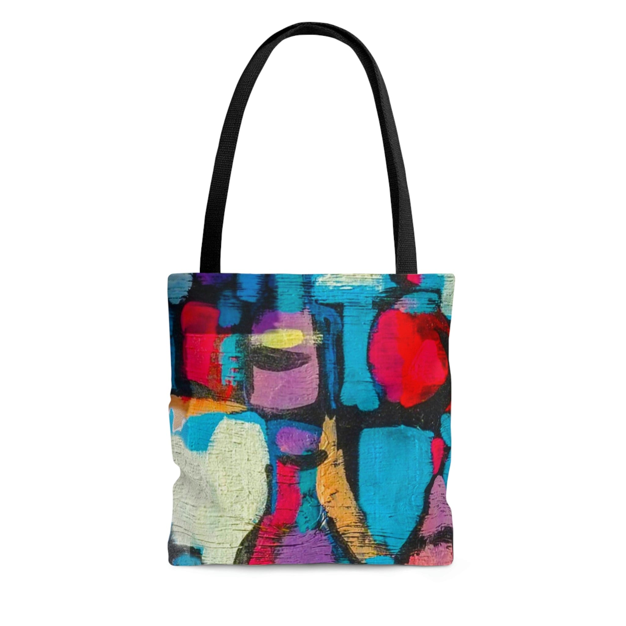 Colorful abstract print canvas tote bag with black handles and lining, perfect for stylish outings.