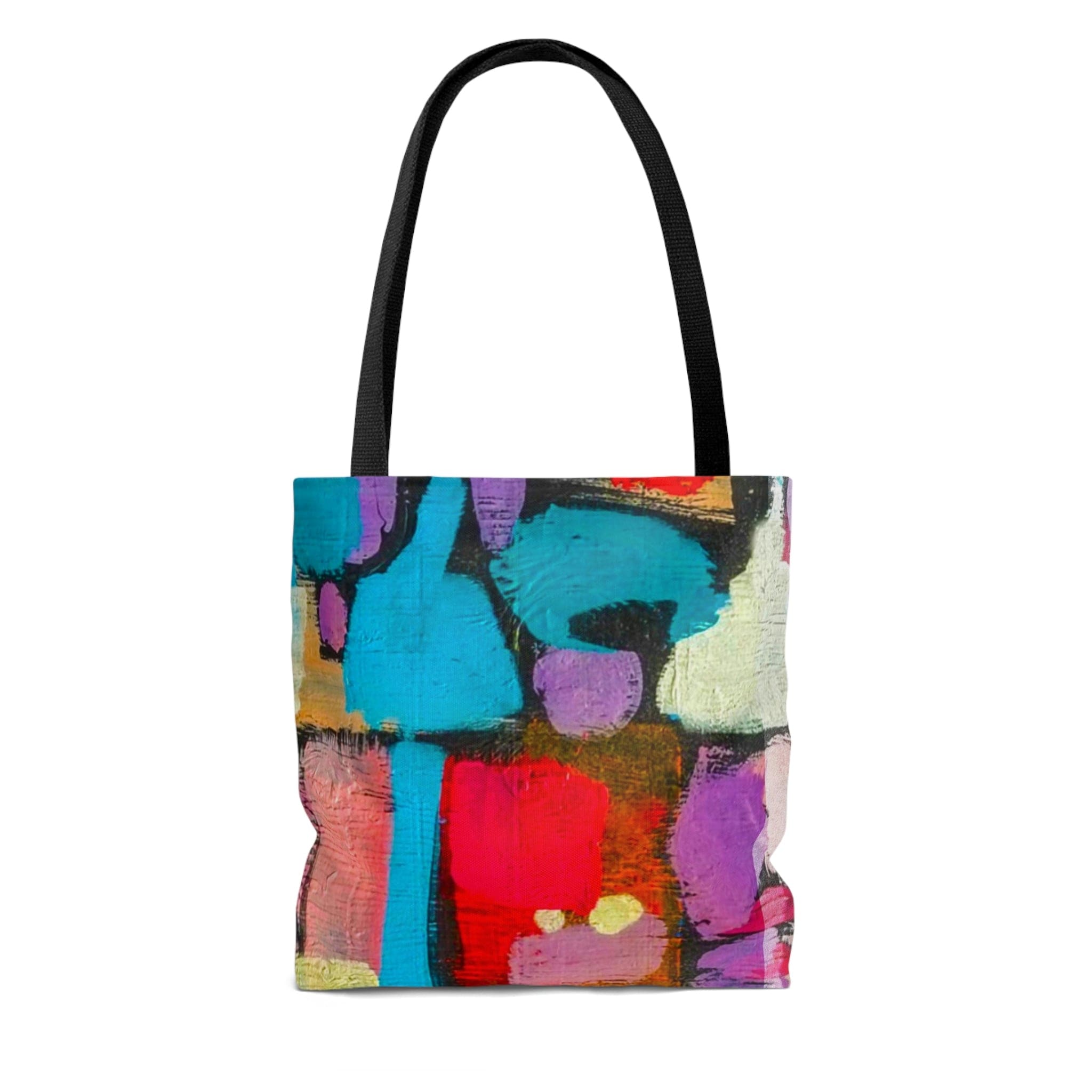 Colorful abstract print canvas tote bag with black handles and lining, perfect for stylish outings.