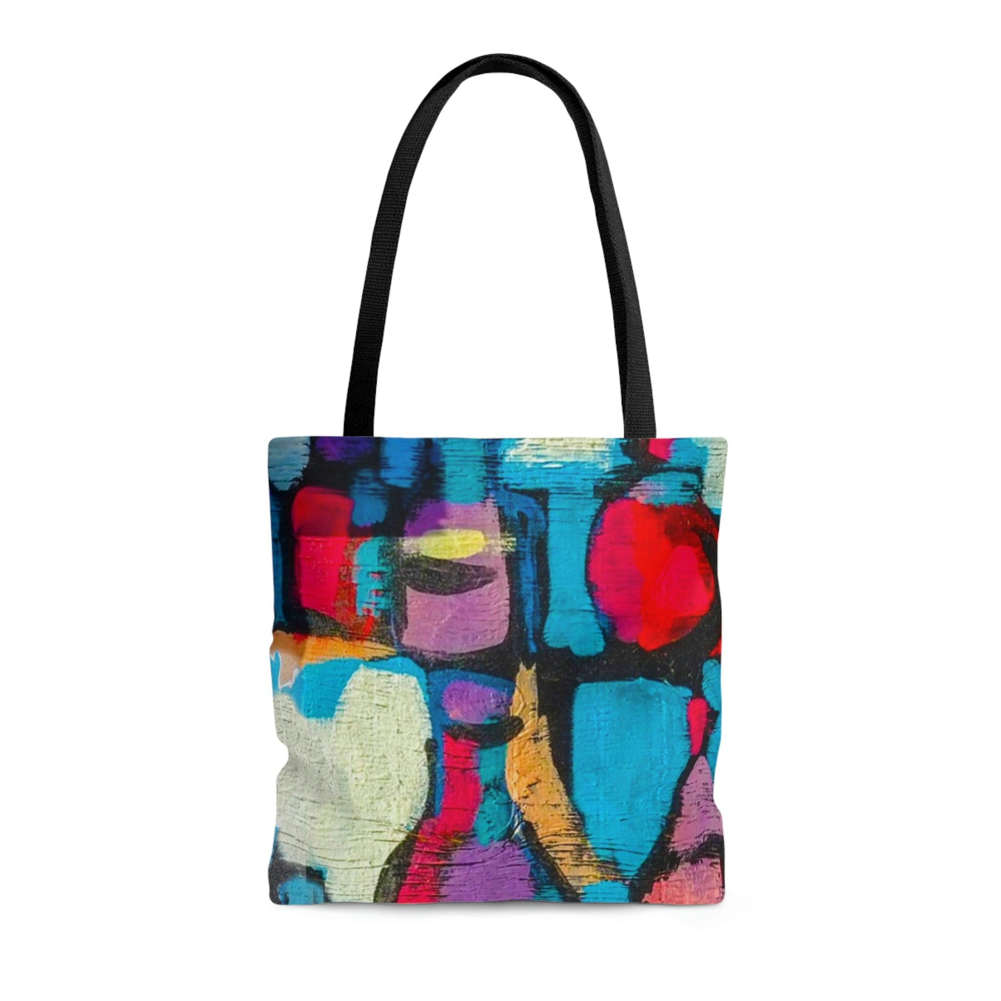 Colorful abstract print canvas tote bag with black handles and lining, perfect for stylish outings.