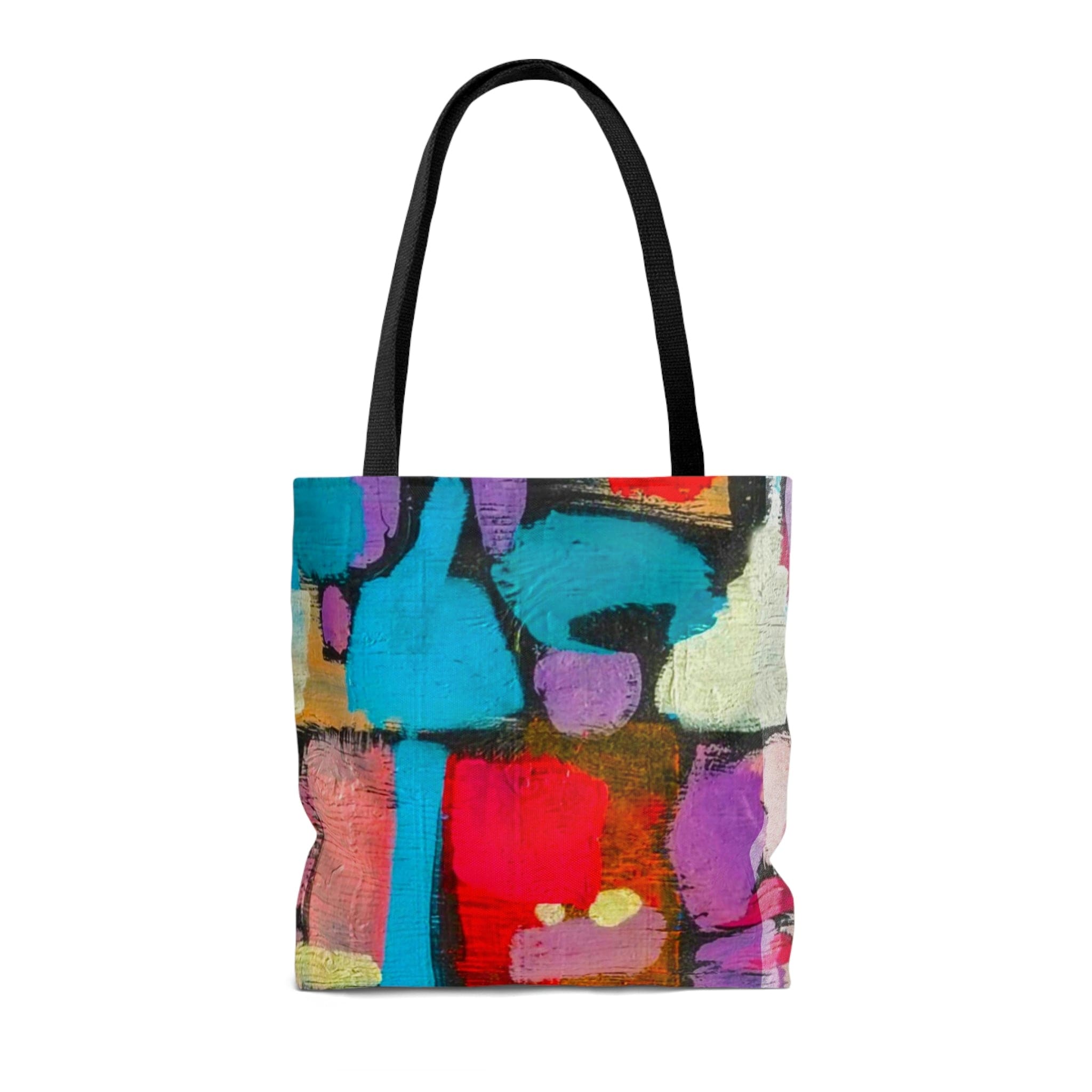 Colorful abstract print canvas tote bag with black handles and lining, perfect for stylish outings.