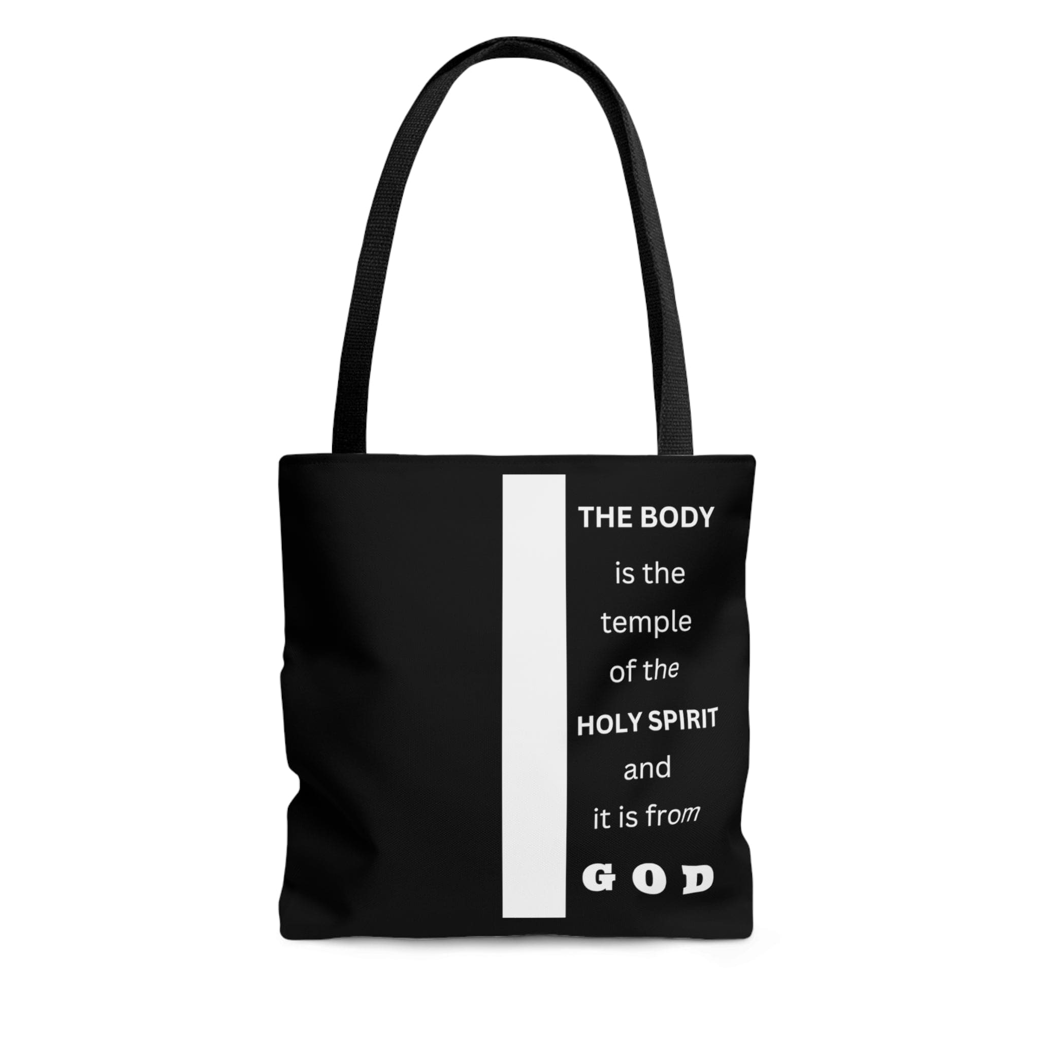 Canvas Tote Bag with scripture 'The Body is the Temple of the Holy Spirit', featuring a stylish all-over print and black cotton handles.