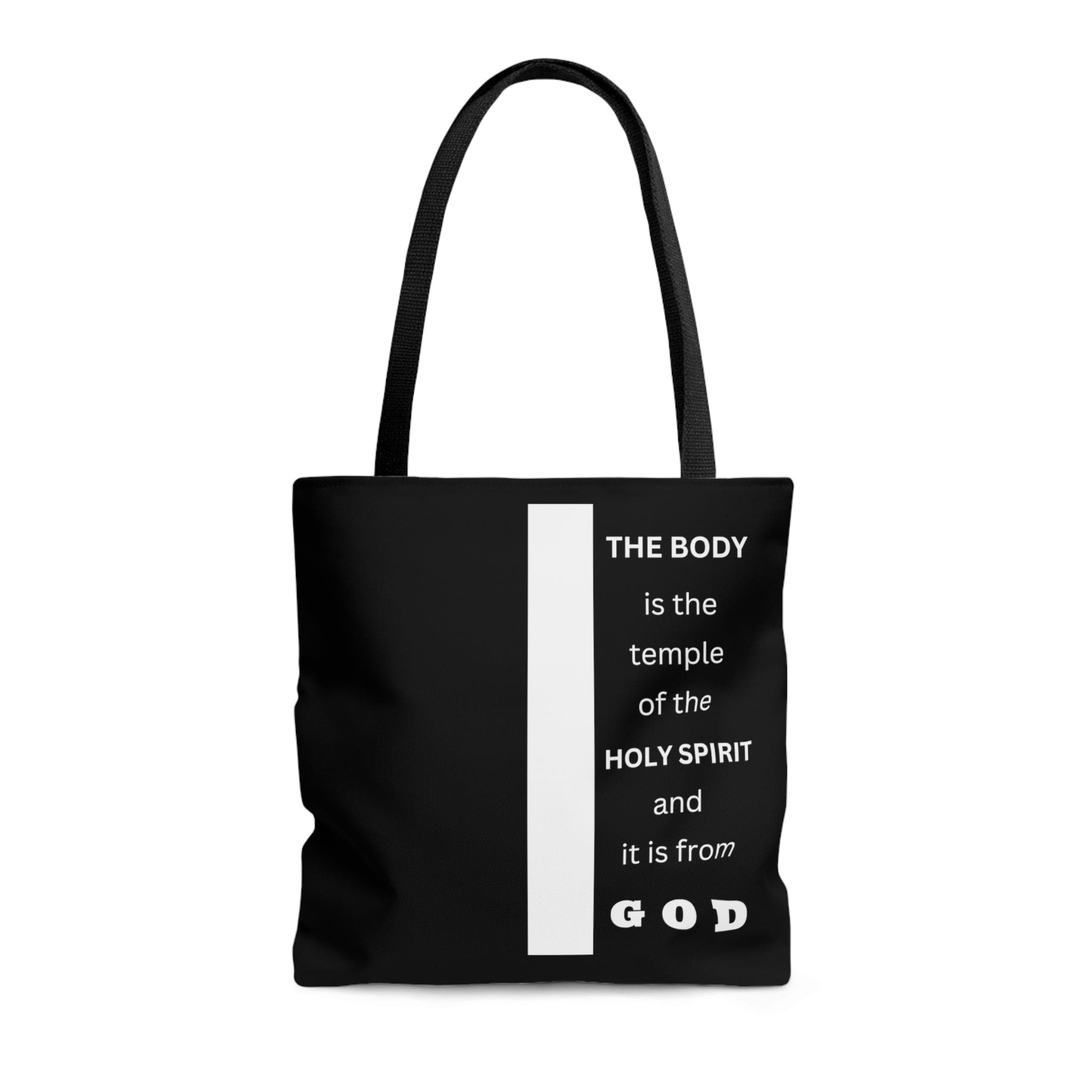 Canvas Tote Bag with scripture 'The Body is the Temple of the Holy Spirit', featuring a stylish all-over print and black cotton handles.