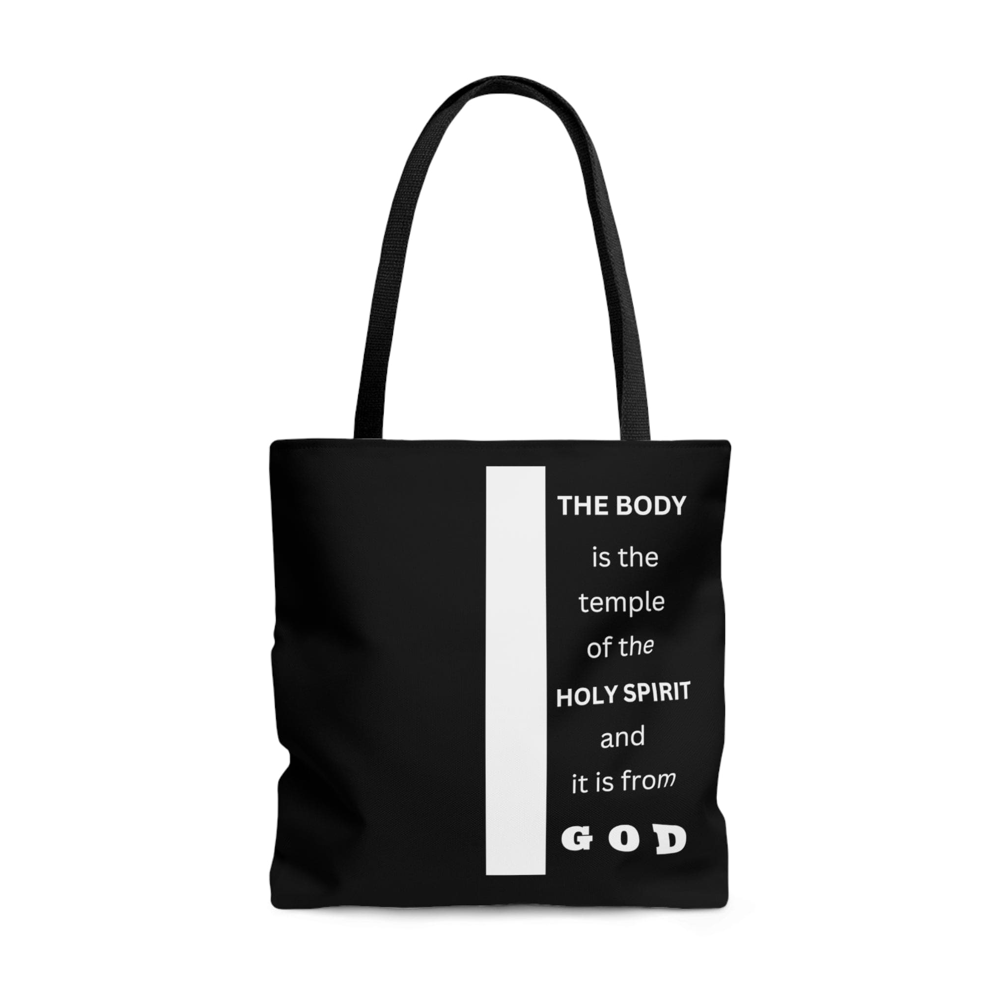 Canvas Tote Bag with scripture 'The Body is the Temple of the Holy Spirit', featuring a stylish all-over print and black cotton handles.