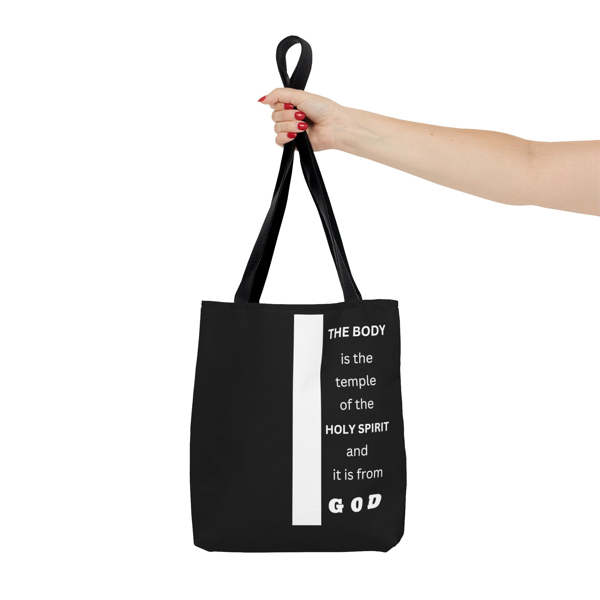 Canvas Tote Bag with scripture 'The Body is the Temple of the Holy Spirit', featuring a stylish all-over print and black cotton handles.