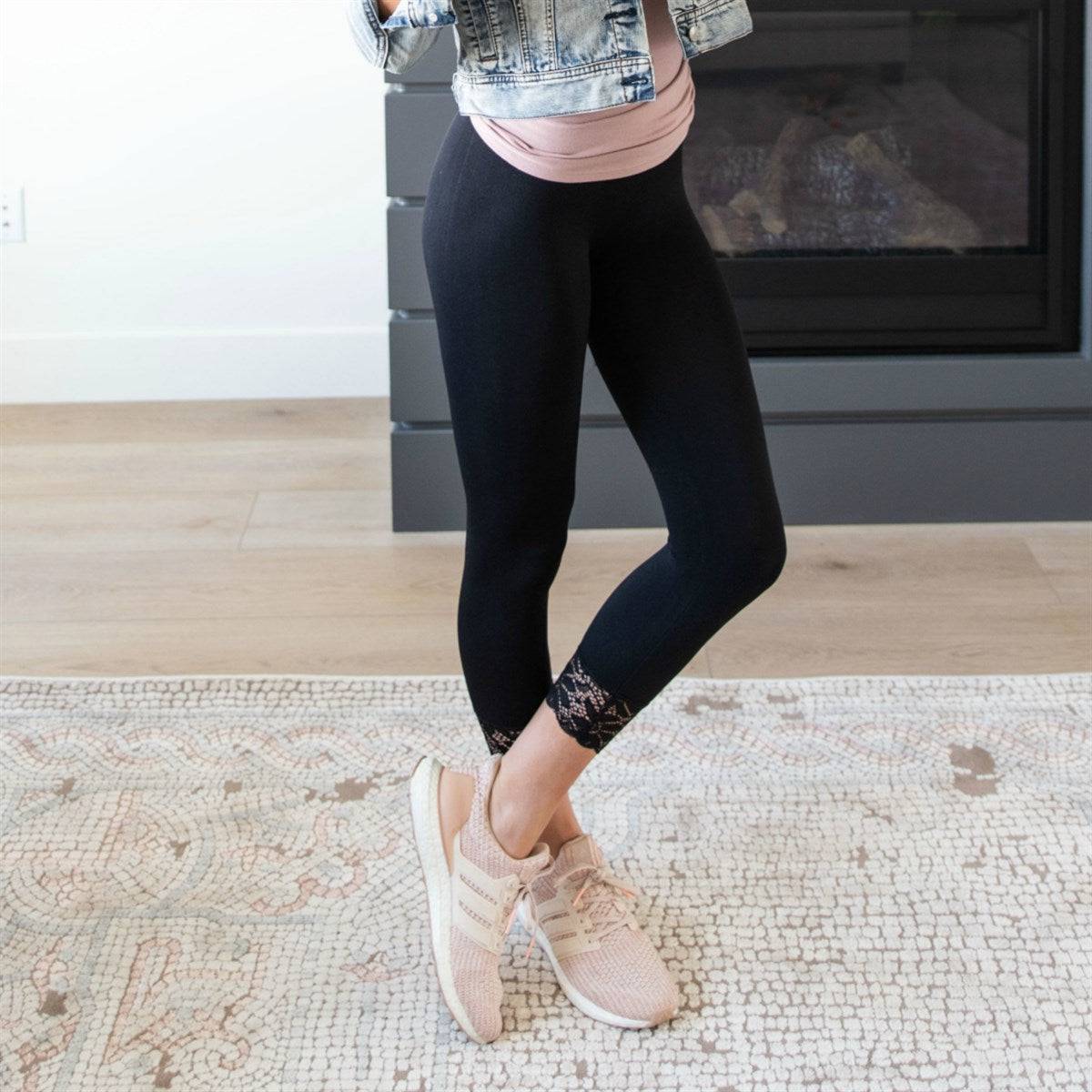 Capri Lace Accented Leggings by Zenana featuring a stylish lace detail and a comfortable fit, perfect for layering.