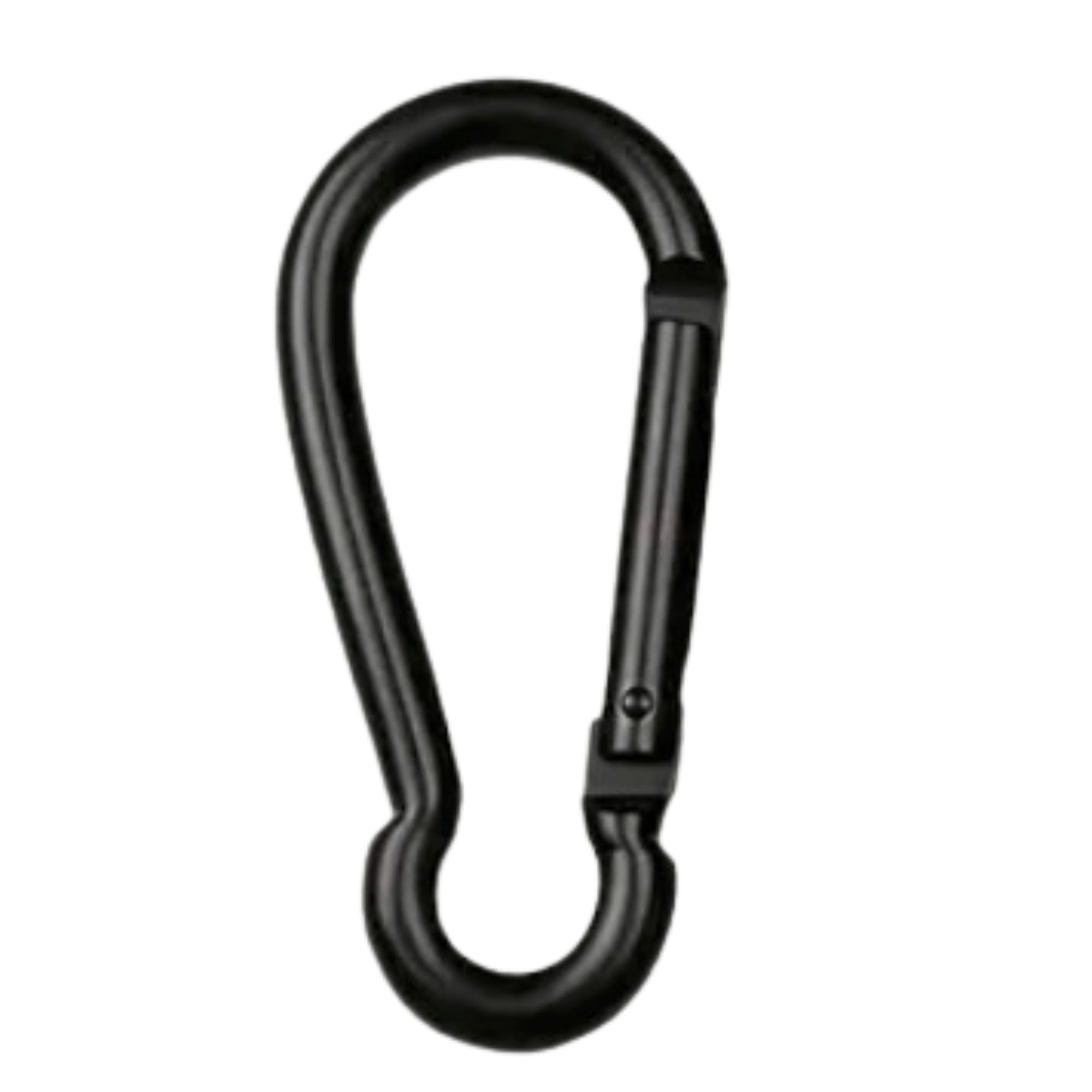 A durable aluminum alloy carabiner clip, showcasing its lightweight design and secure attachment features, ideal for outdoor activities.