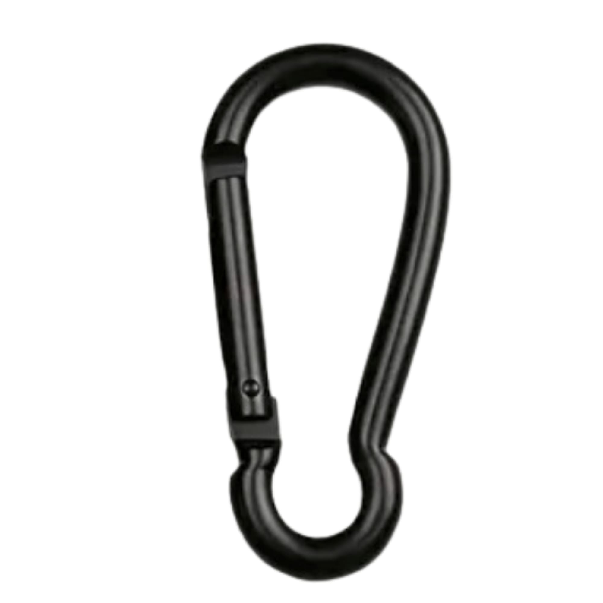 A durable aluminum alloy carabiner clip, showcasing its lightweight design and secure attachment features, ideal for outdoor activities.