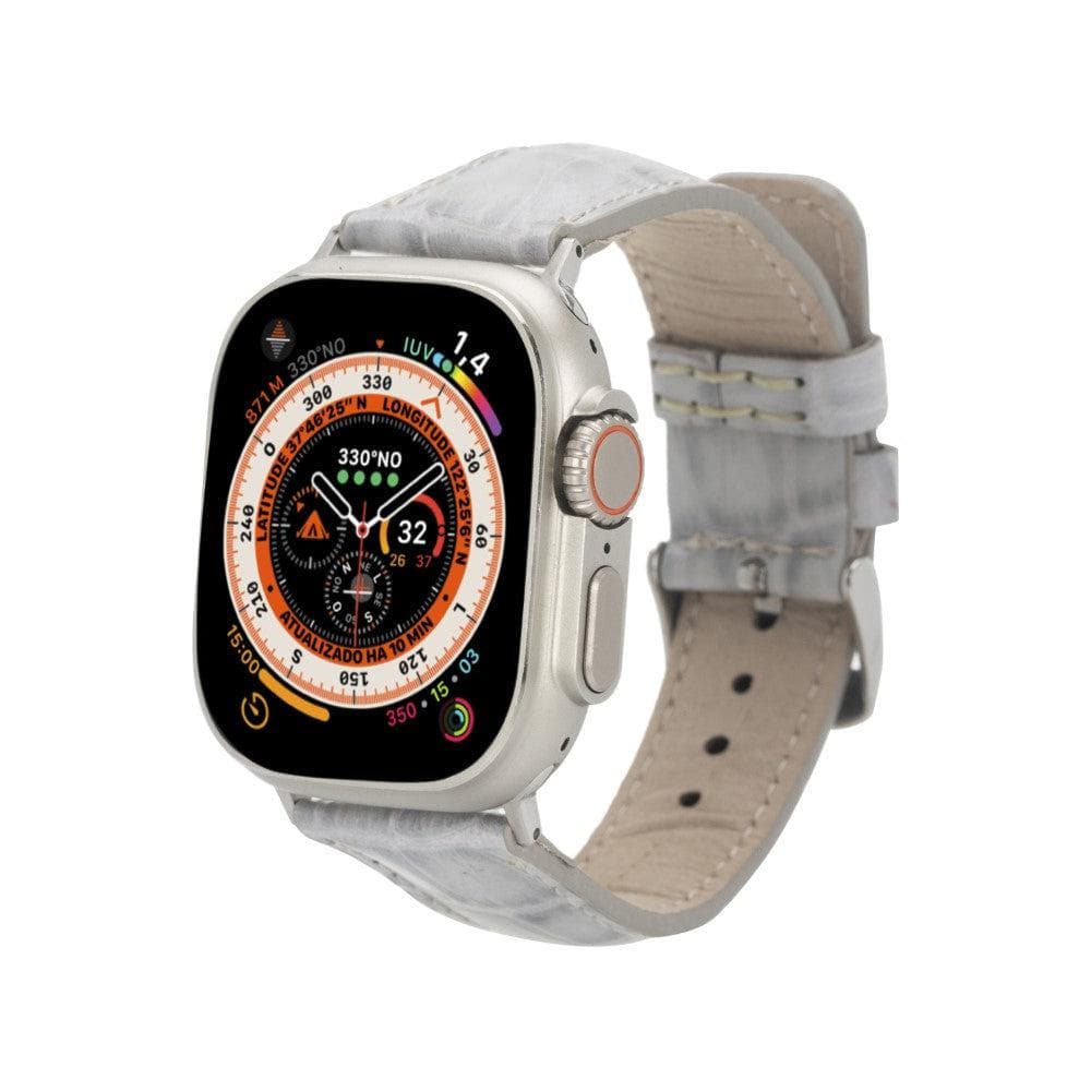 Cardiff Classic Apple Watch Leather Strap in premium full-grain leather with stainless steel buckle, showcasing its elegant design.