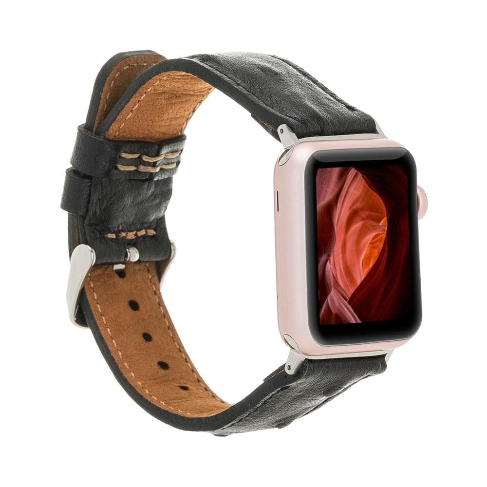 Cardiff Classic Apple Watch Leather Strap in premium full-grain leather with stainless steel buckle, showcasing its elegant design.