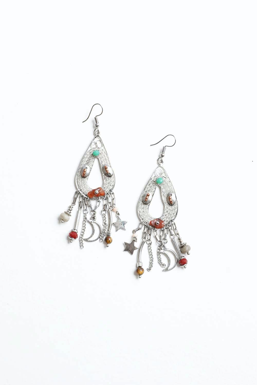 A pair of elegant Carnelian Stones Beaded Earrings showcasing vibrant orange-red stones on a delicate beaded design.