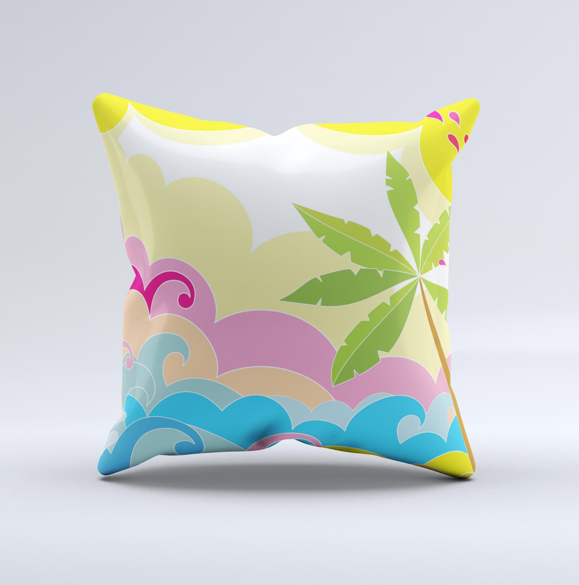 Colorful Cartoon Bright Palm Tree Beach throw pillow with vibrant tropical design, handcrafted in Virginia.