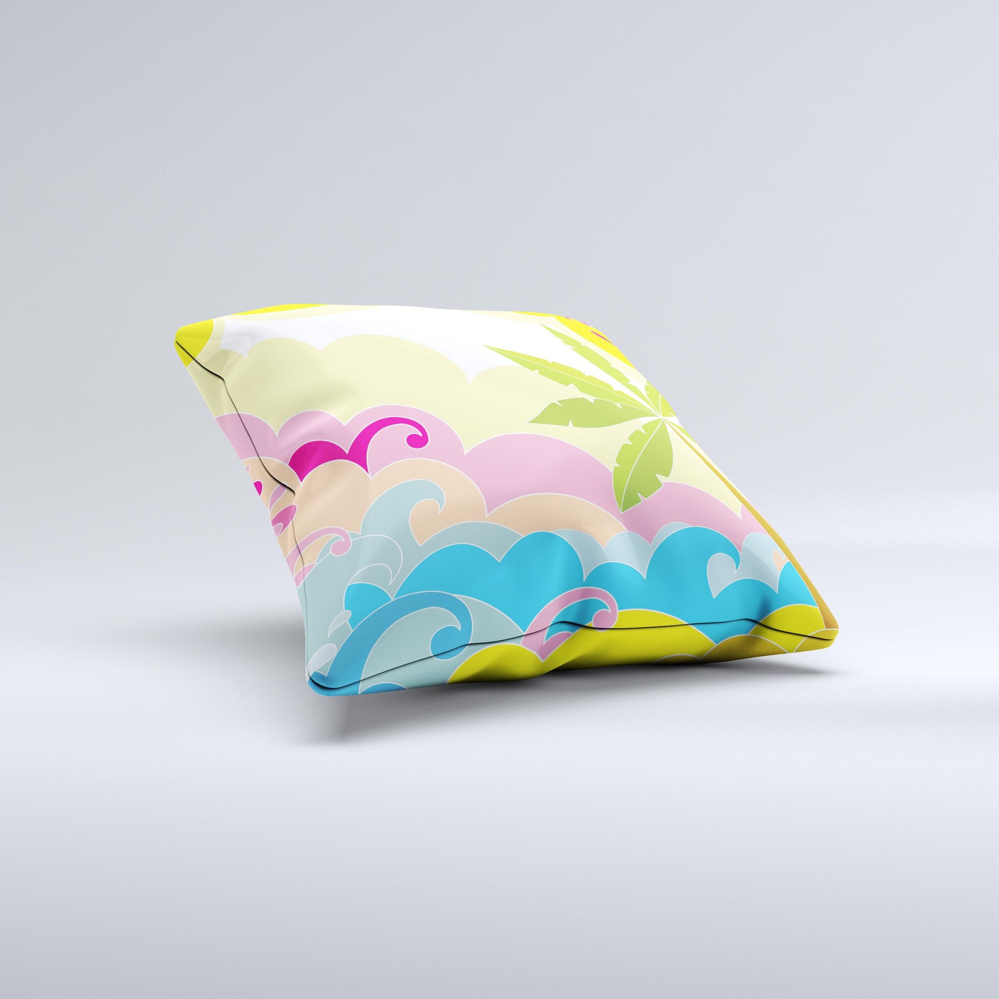 Colorful Cartoon Bright Palm Tree Beach throw pillow with vibrant tropical design, handcrafted in Virginia.