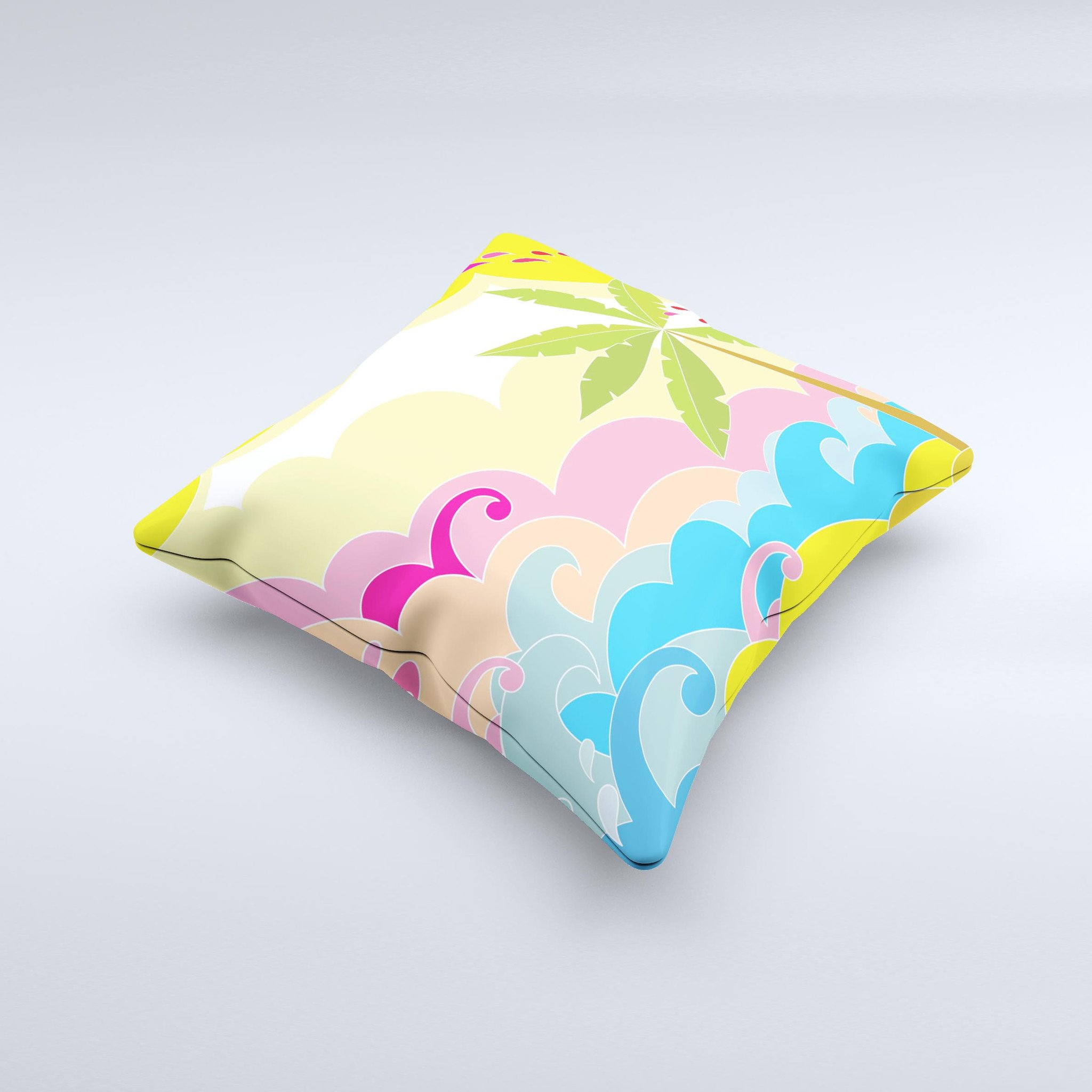 Colorful Cartoon Bright Palm Tree Beach throw pillow with vibrant tropical design, handcrafted in Virginia.