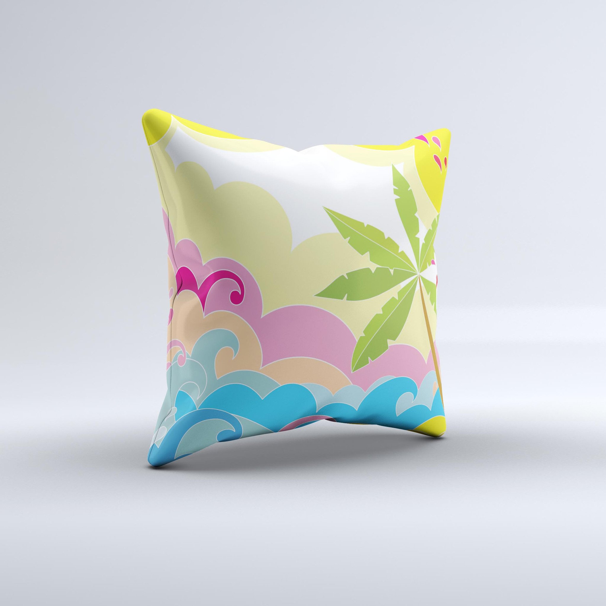 Colorful Cartoon Bright Palm Tree Beach throw pillow with vibrant tropical design, handcrafted in Virginia.