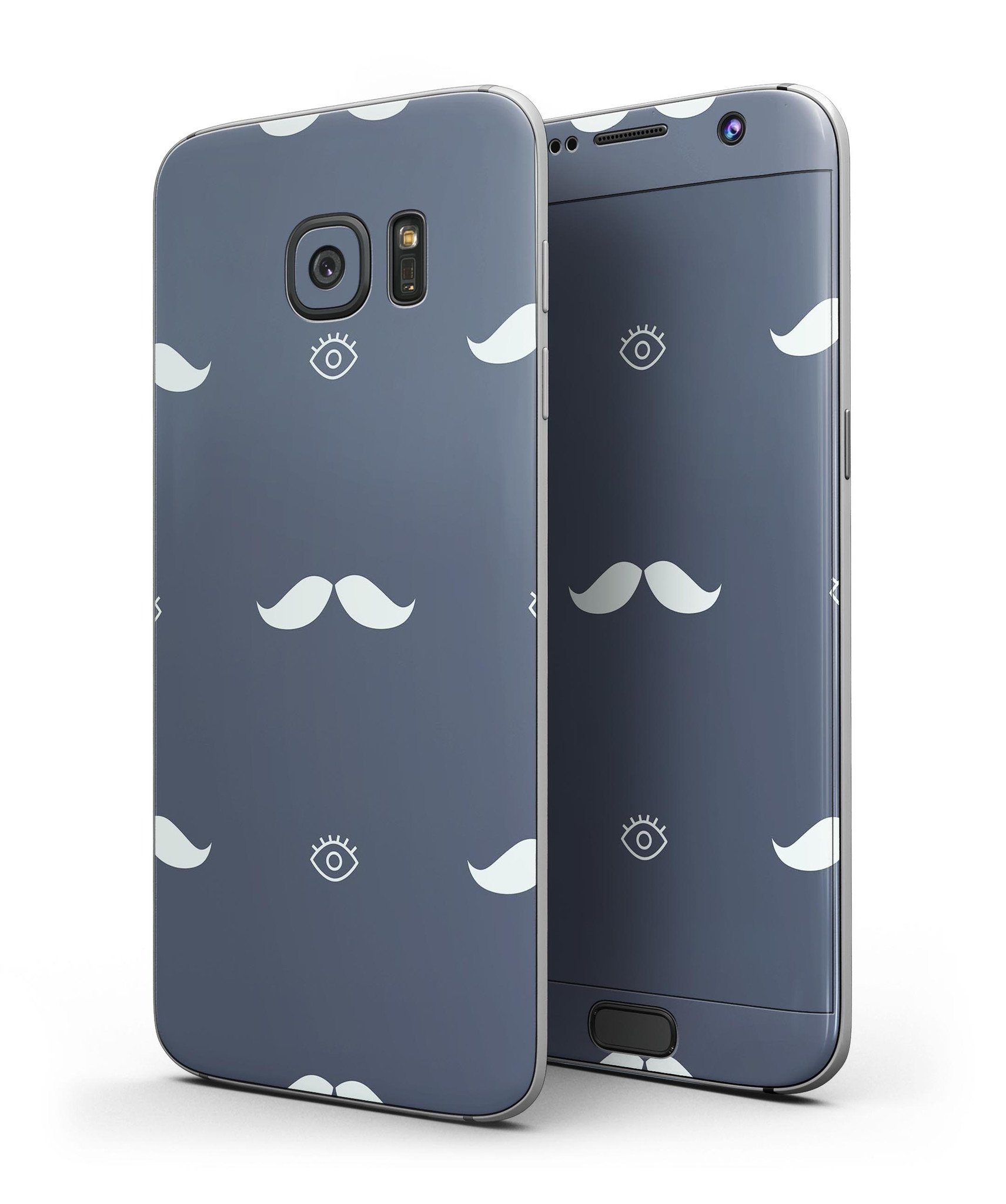 Cartoon Eyes Mustache Skin-Kit for Samsung Galaxy S7/S7 Edge, featuring a navy pattern with cartoon eyes and mustache design.