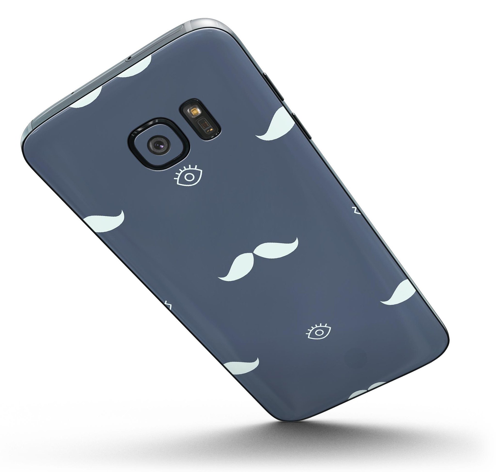 Cartoon Eyes Mustache Skin-Kit for Samsung Galaxy S7/S7 Edge, featuring a navy pattern with cartoon eyes and mustache design.